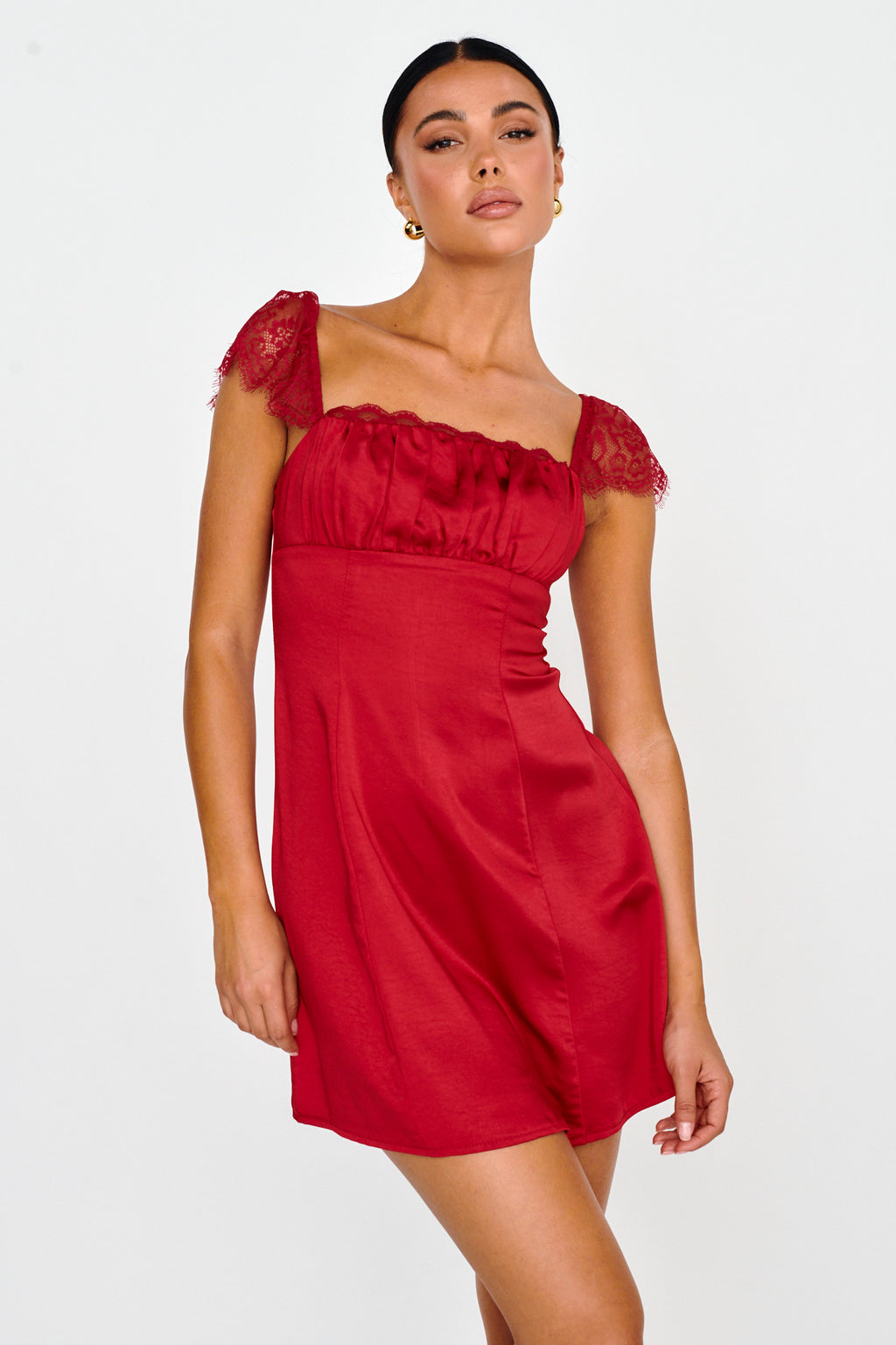Invites Only Lace Shoulder Mini Dress Red by Selfie Leslie