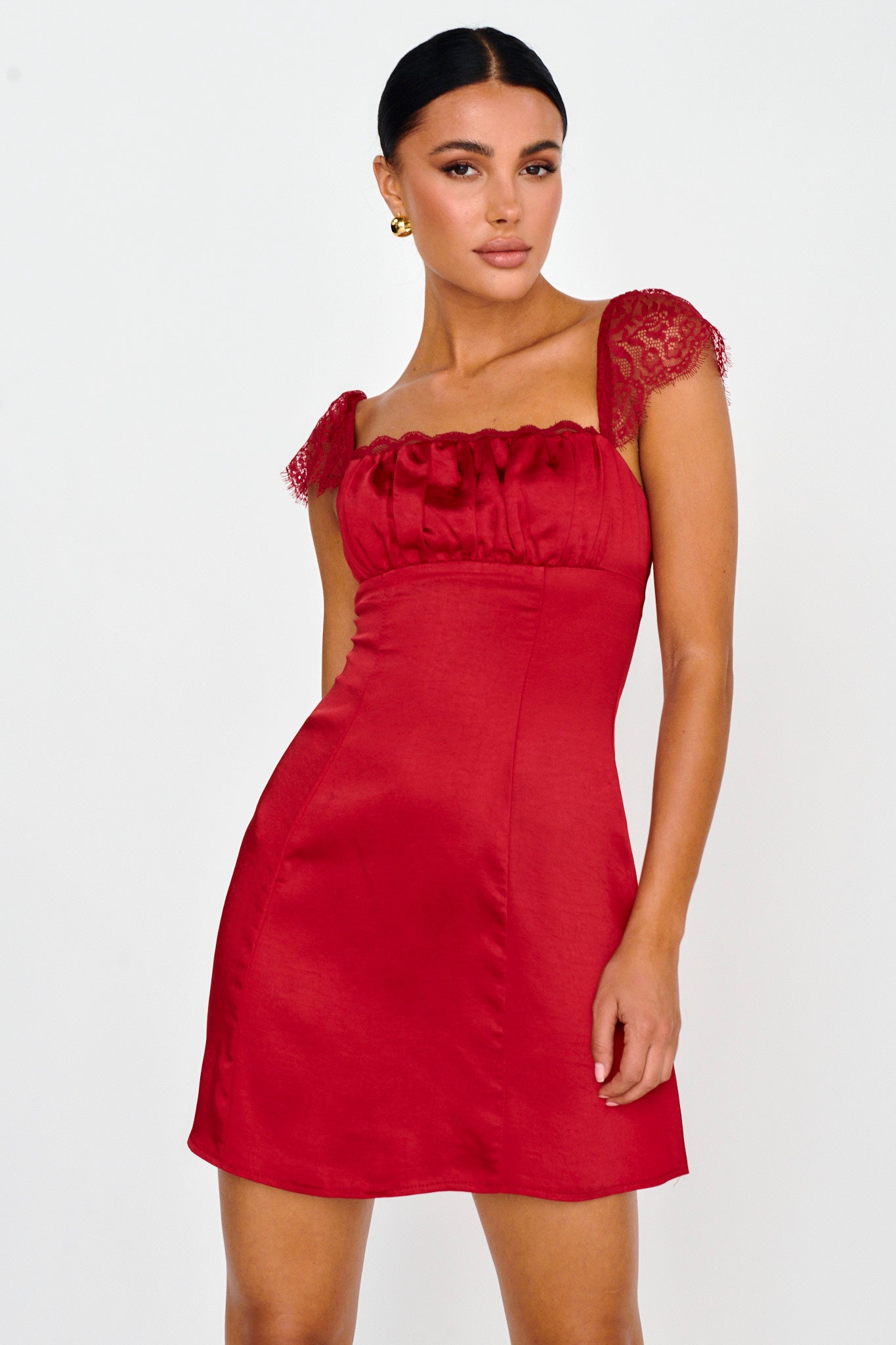 Invites Only Lace Shoulder Mini Dress Red by Selfie Leslie