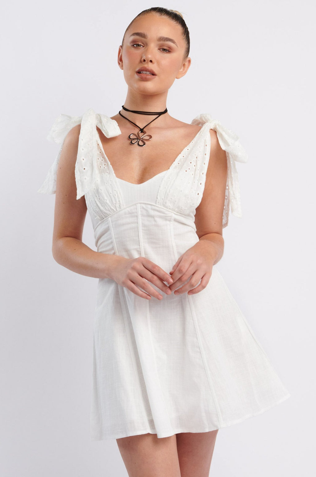 Kellie Bow Shoulder Mini Dress White by Selfie Leslie