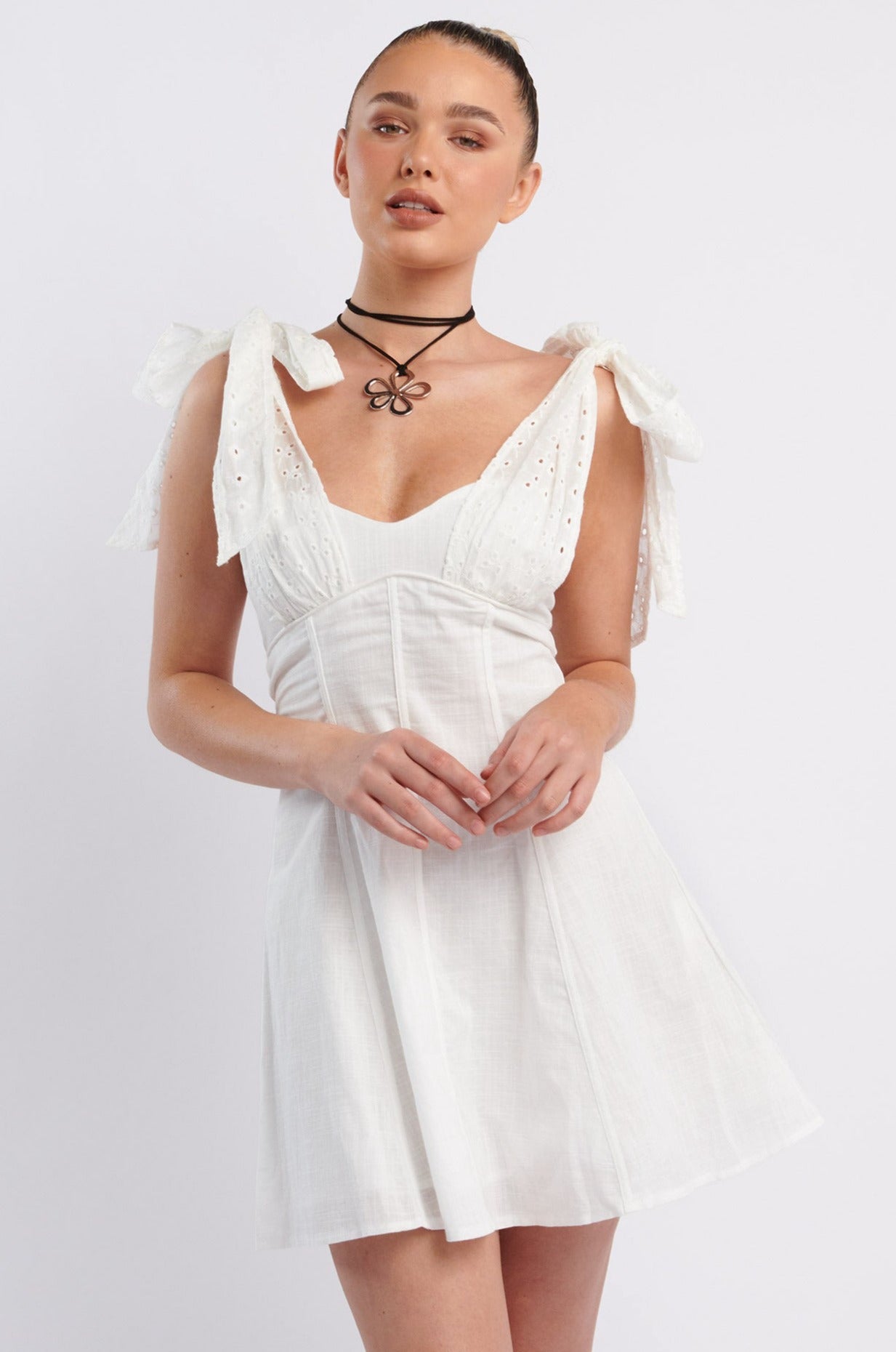 Kellie Bow Shoulder Mini Dress White by Selfie Leslie