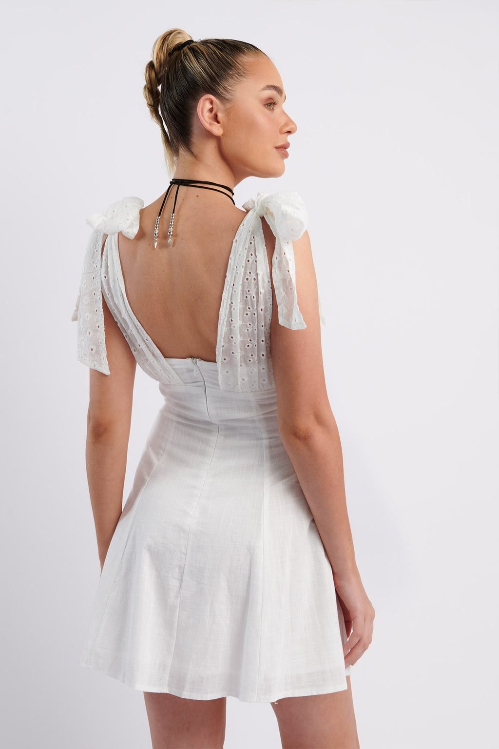 Kellie Bow Shoulder Mini Dress White by Selfie Leslie