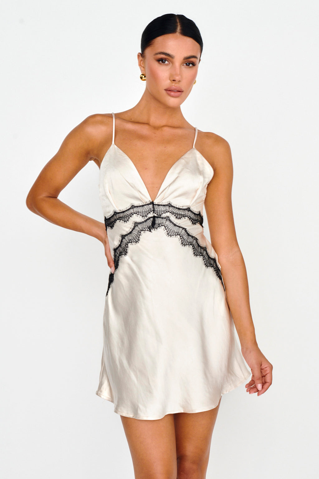 Theriz Lace Trim Cami Mini Dress Champagne by Selfie Leslie