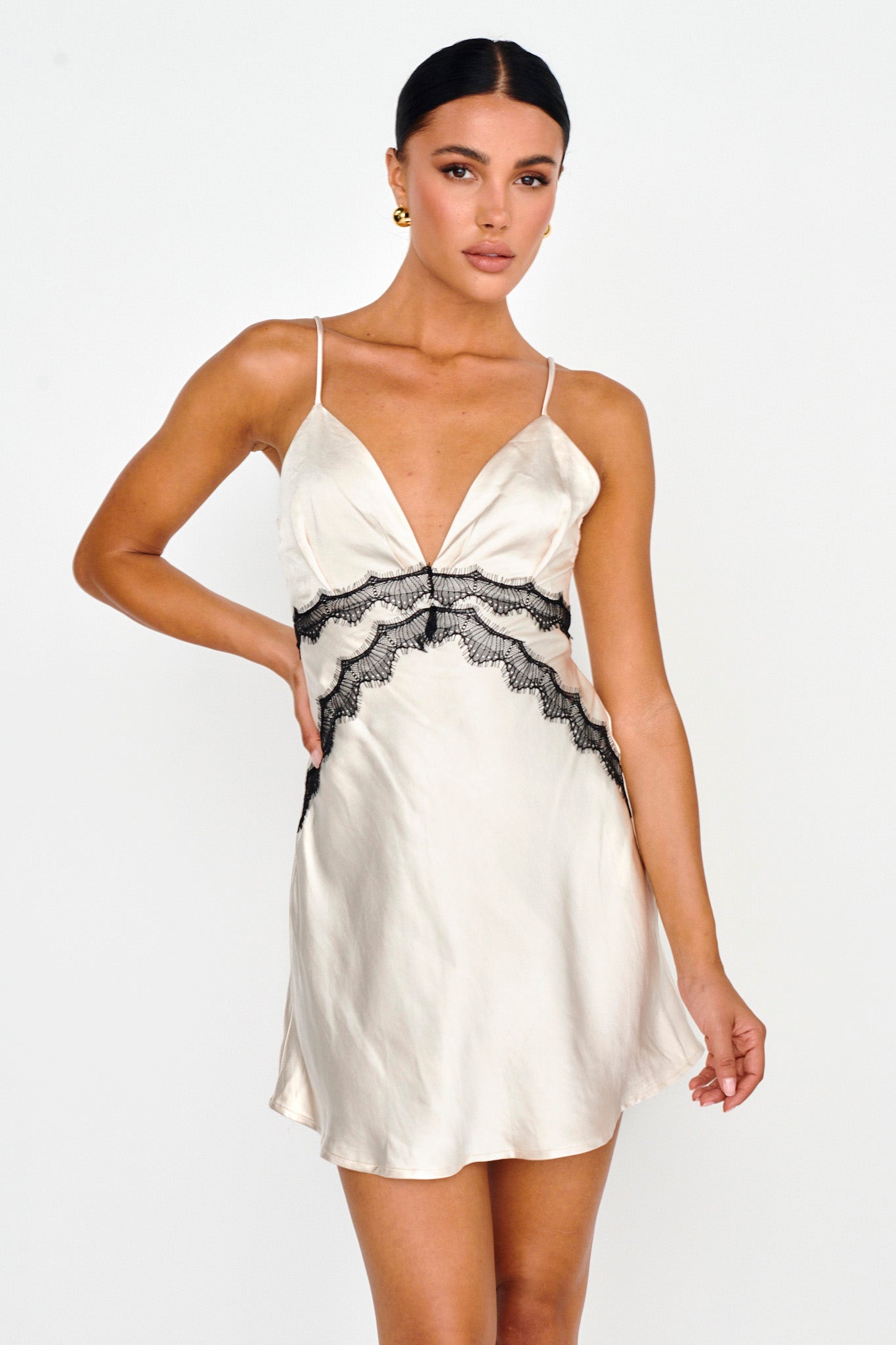 Theriz Lace Trim Cami Mini Dress Champagne by Selfie Leslie