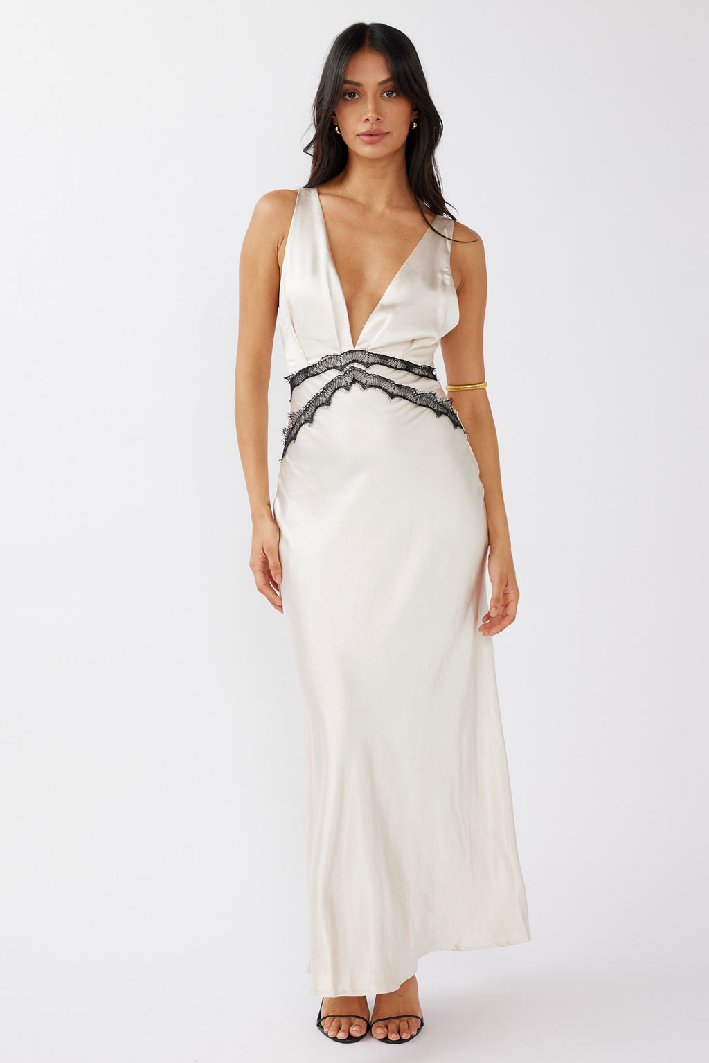 Theriz Lace Trim Tied Back Maxi Dress Champagne by Selfie Leslie