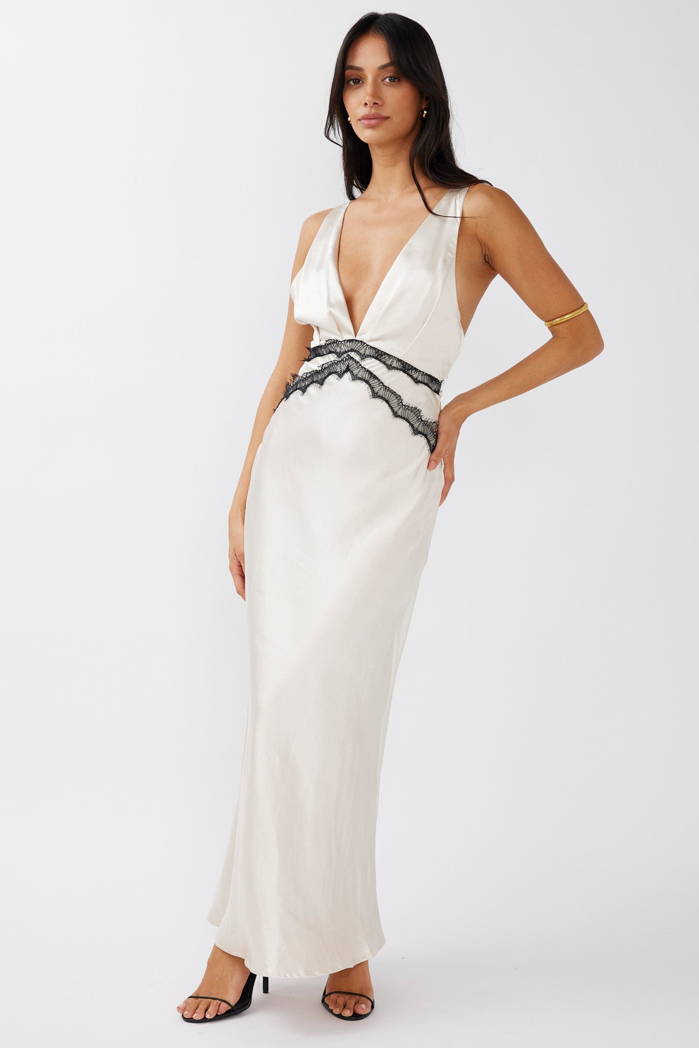 Theriz Lace Trim Tied Back Maxi Dress Champagne by Selfie Leslie