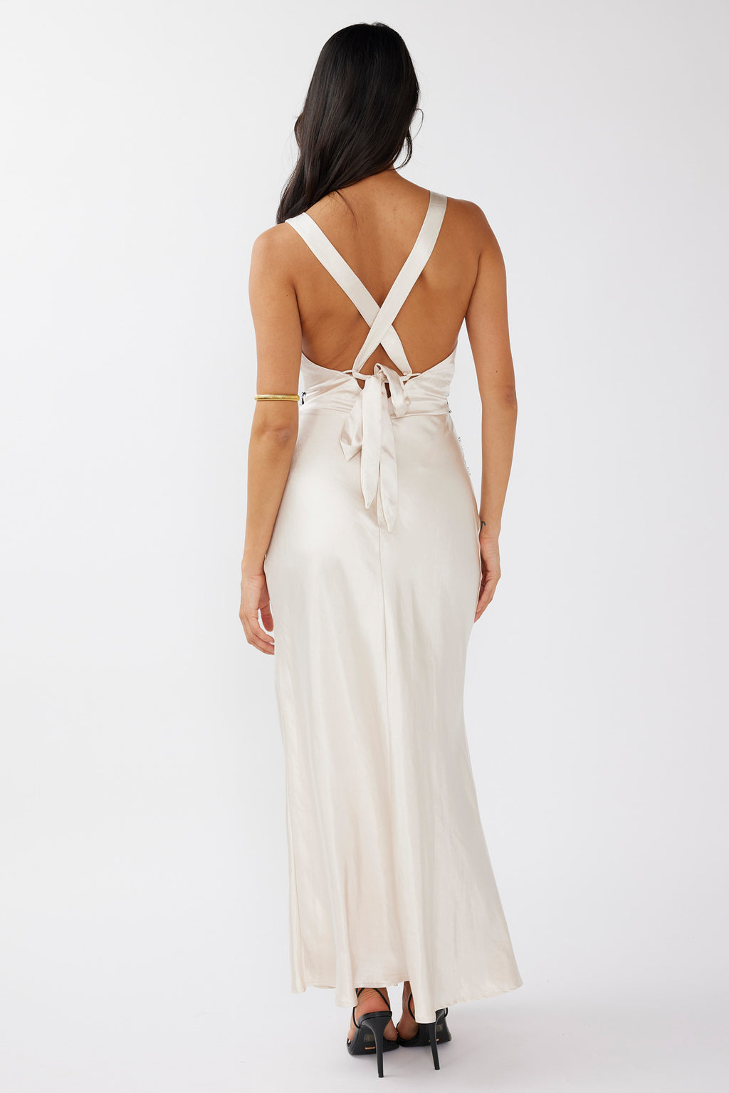 Theriz Lace Trim Tied Back Maxi Dress Champagne by Selfie Leslie