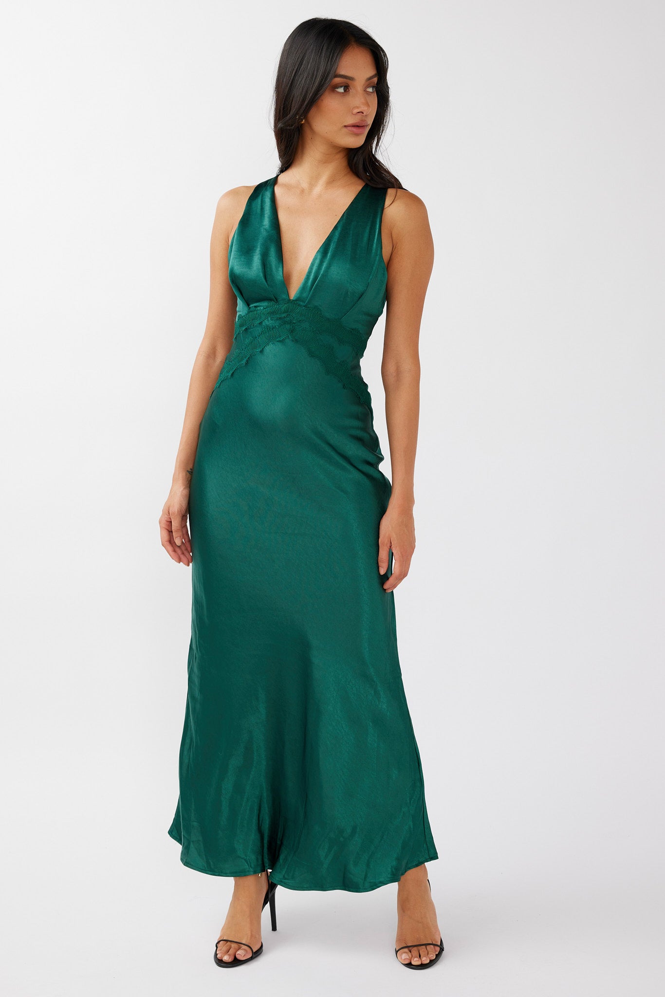 Theriz Lace Trim Tied Back Maxi Dress Green by Selfie Leslie