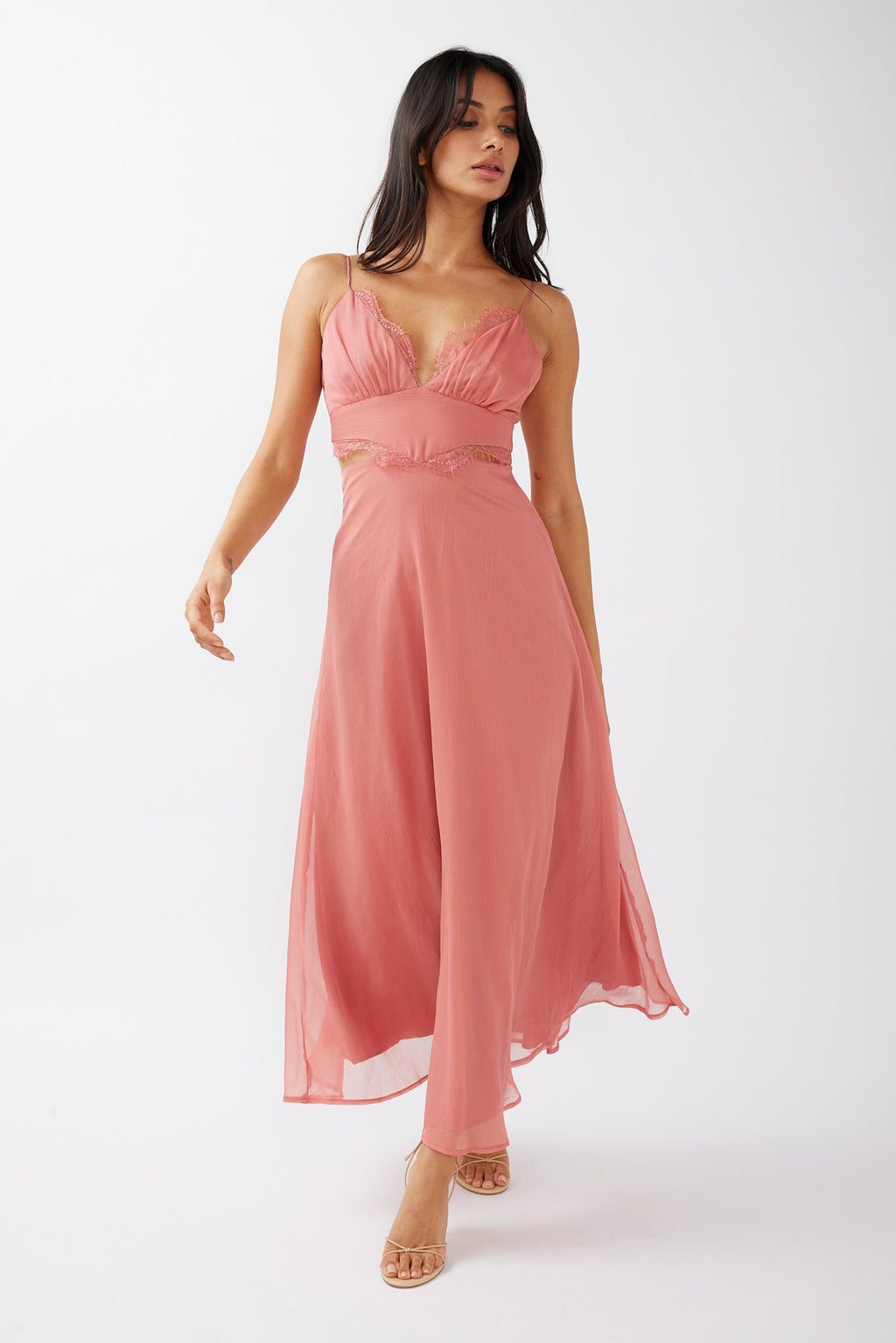 More Love Lace Trim Cut-Out Midi Dress Pink by Selfie Leslie