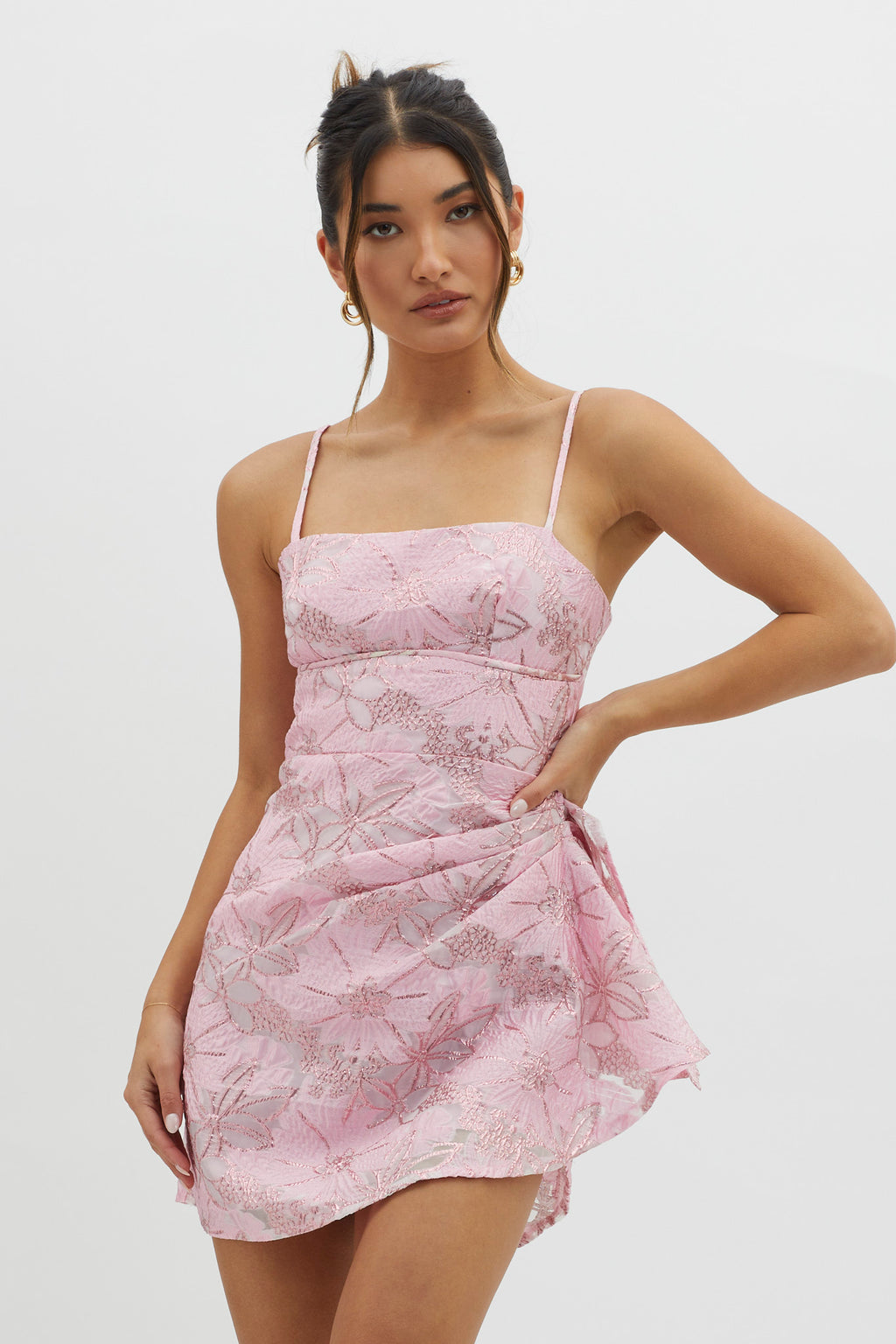 Sterling Gathered Waist Embroidery Mini Dress Pink by Selfie Leslie