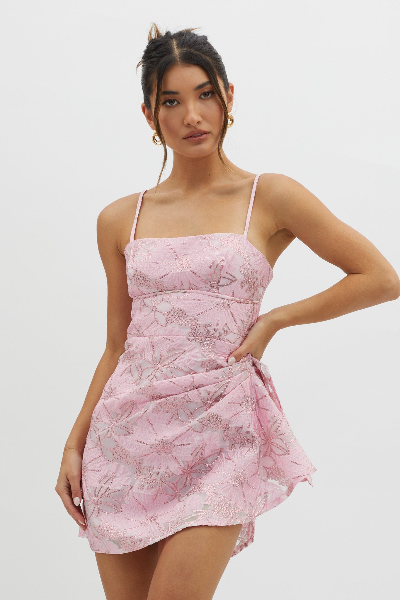 Sterling Gathered Waist Embroidery Mini Dress Pink– Selfie Leslie
