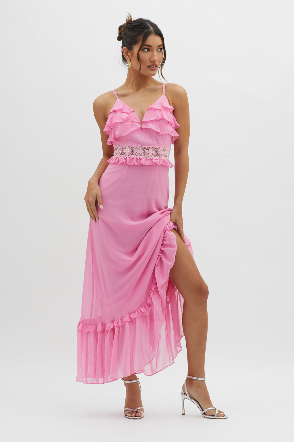 Spirited Ruffle Bust Maxi Dress Pink by Selfie Leslie