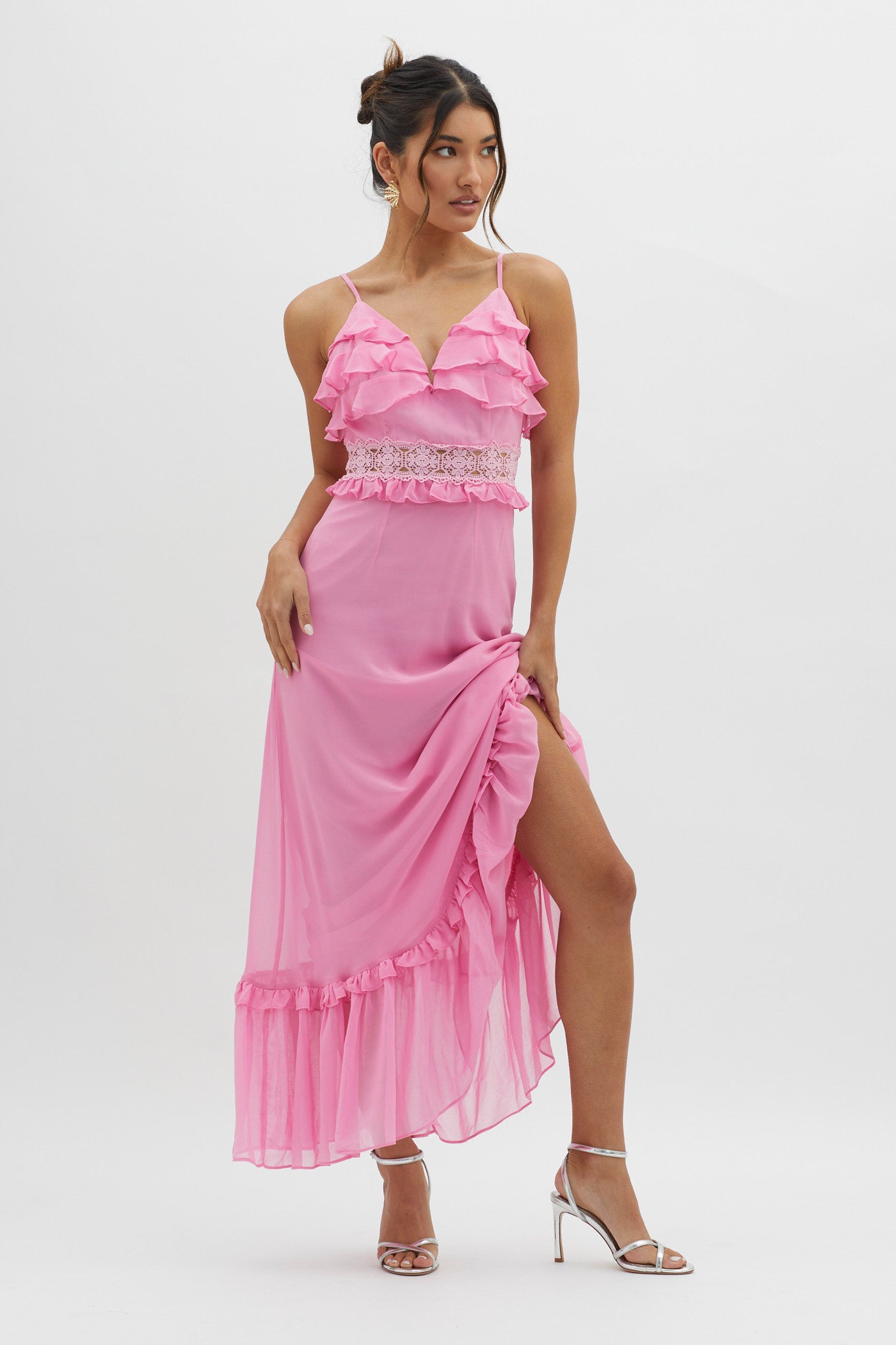 Spirited Ruffle Bust Maxi Dress Pink by Selfie Leslie