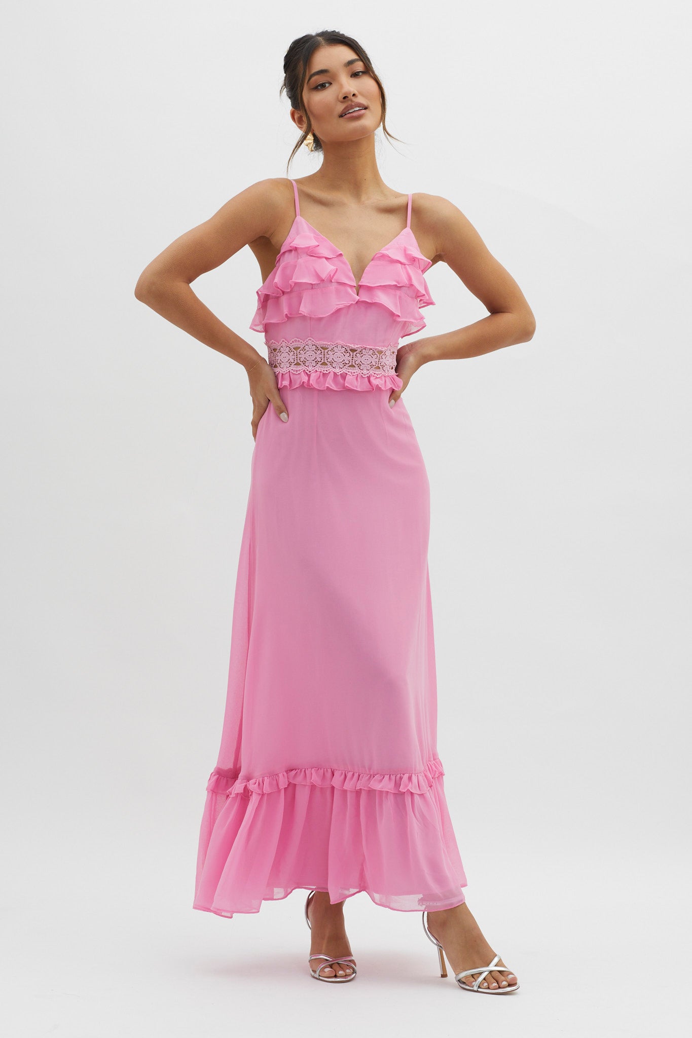 Spirited Ruffle Bust Maxi Dress Pink by Selfie Leslie
