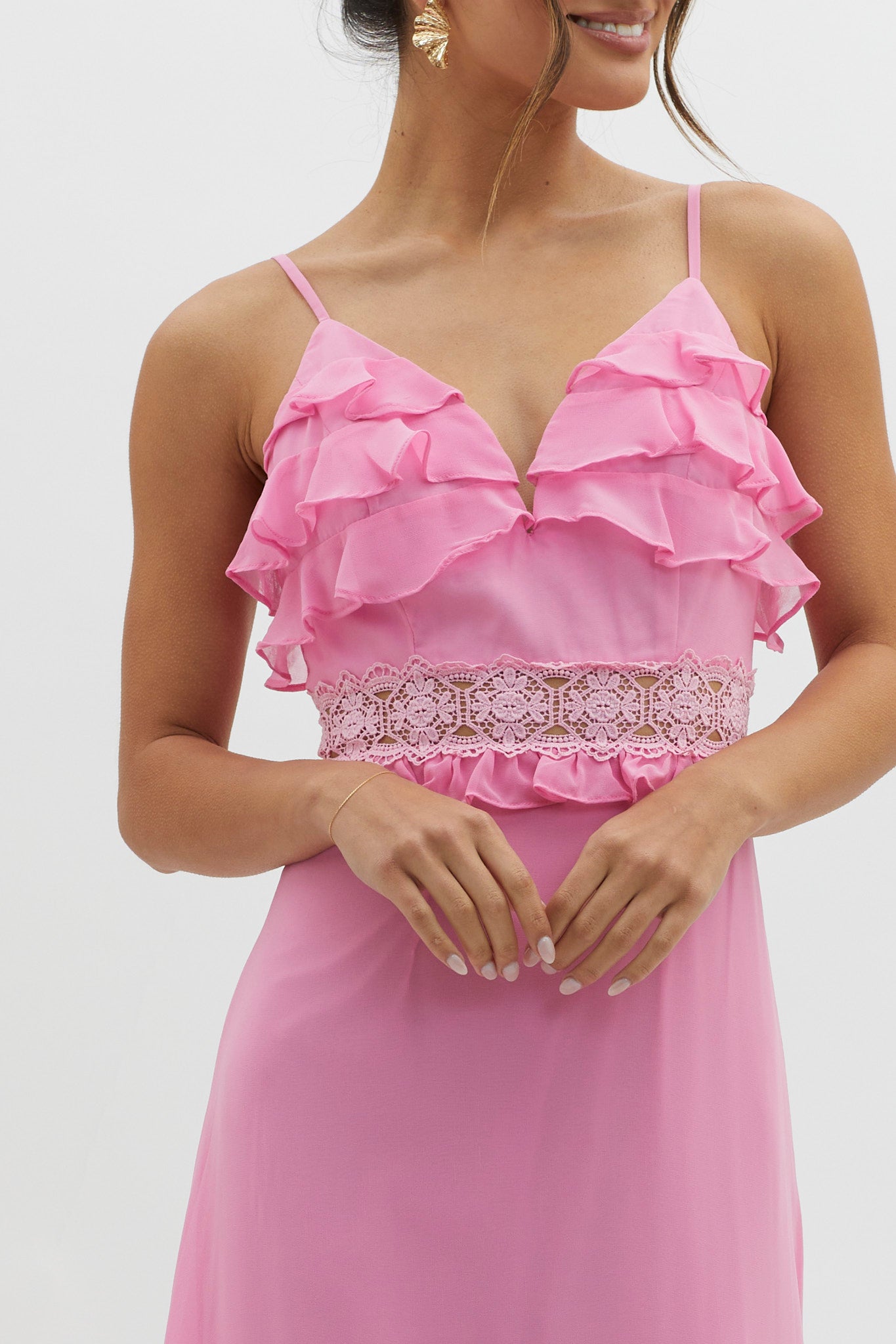 Spirited Ruffle Bust Maxi Dress Pink by Selfie Leslie
