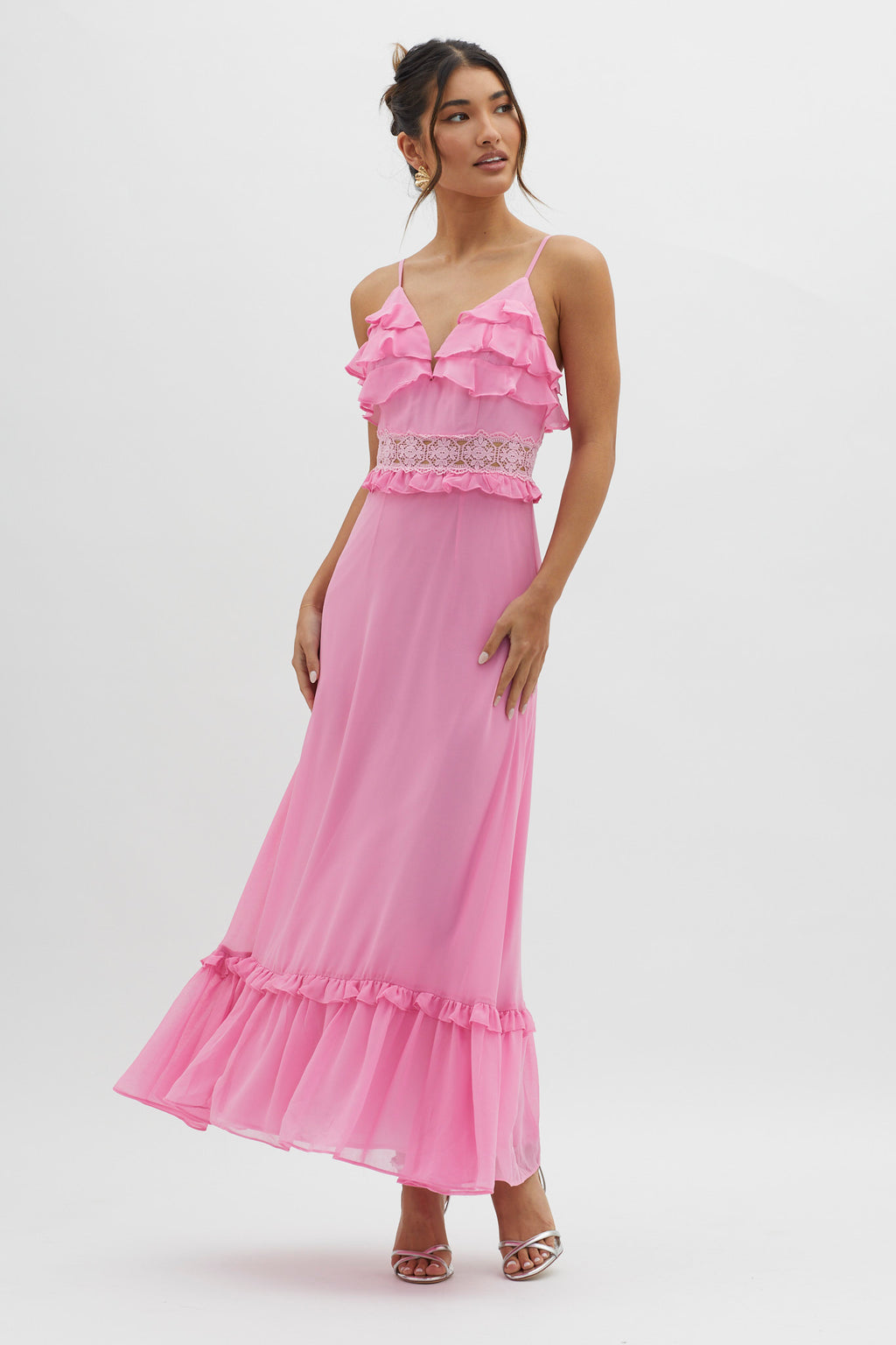 Spirited Ruffle Bust Maxi Dress Pink by Selfie Leslie
