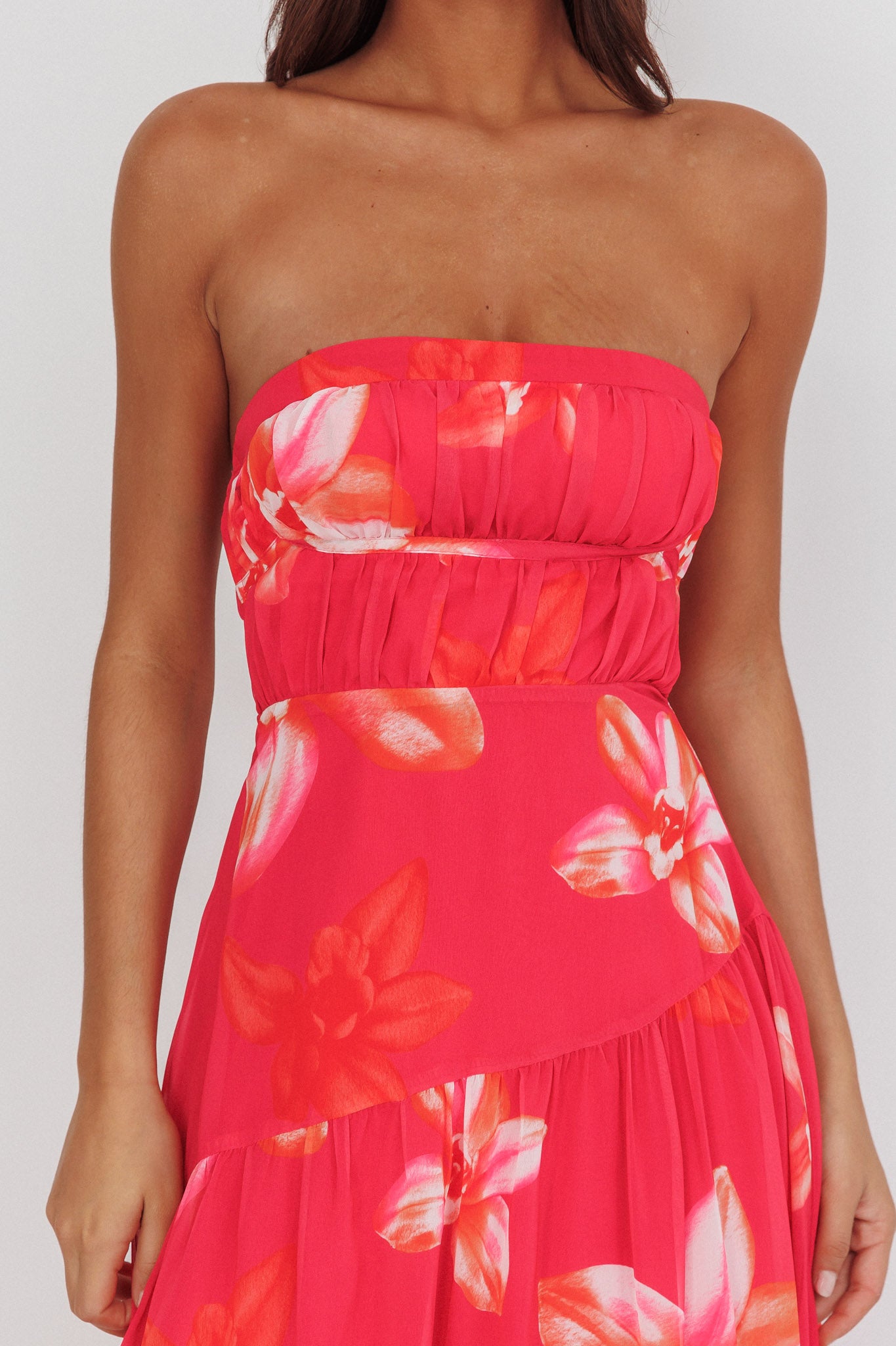 selfie leslie pink strapless dress Honfleur Strapless Layered Maxi Dress Print Pink