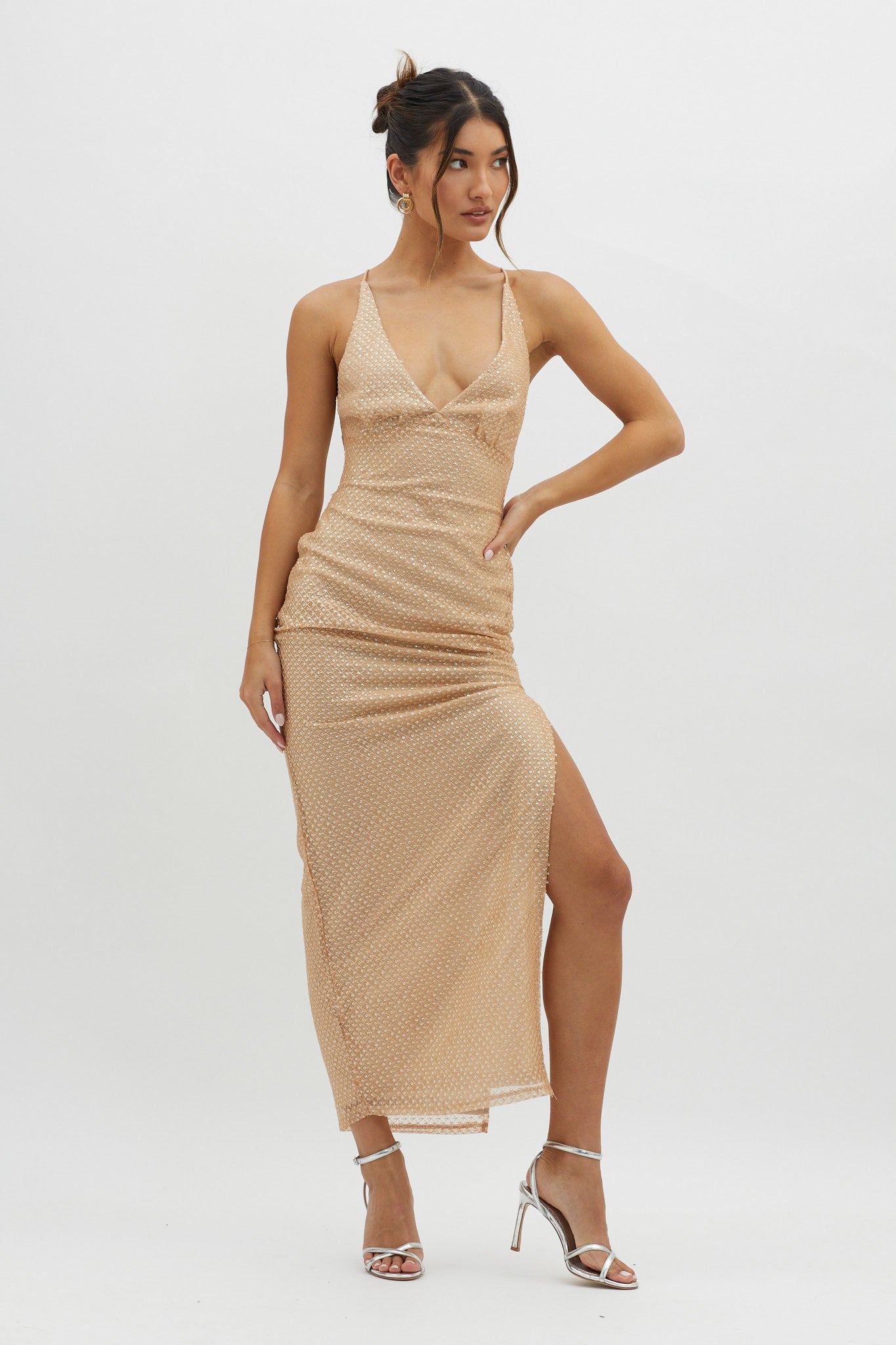 Alysia Plunging Halterneck Maxi Dress Champagne by Selfie Leslie