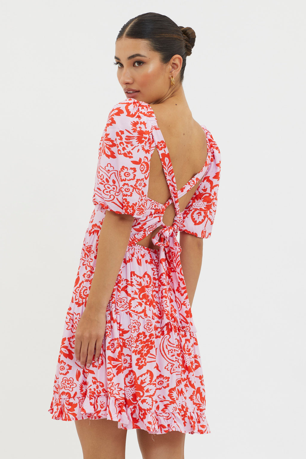 Madrid Summer Tied Back Mini Dress Print Lilac by Selfie Leslie