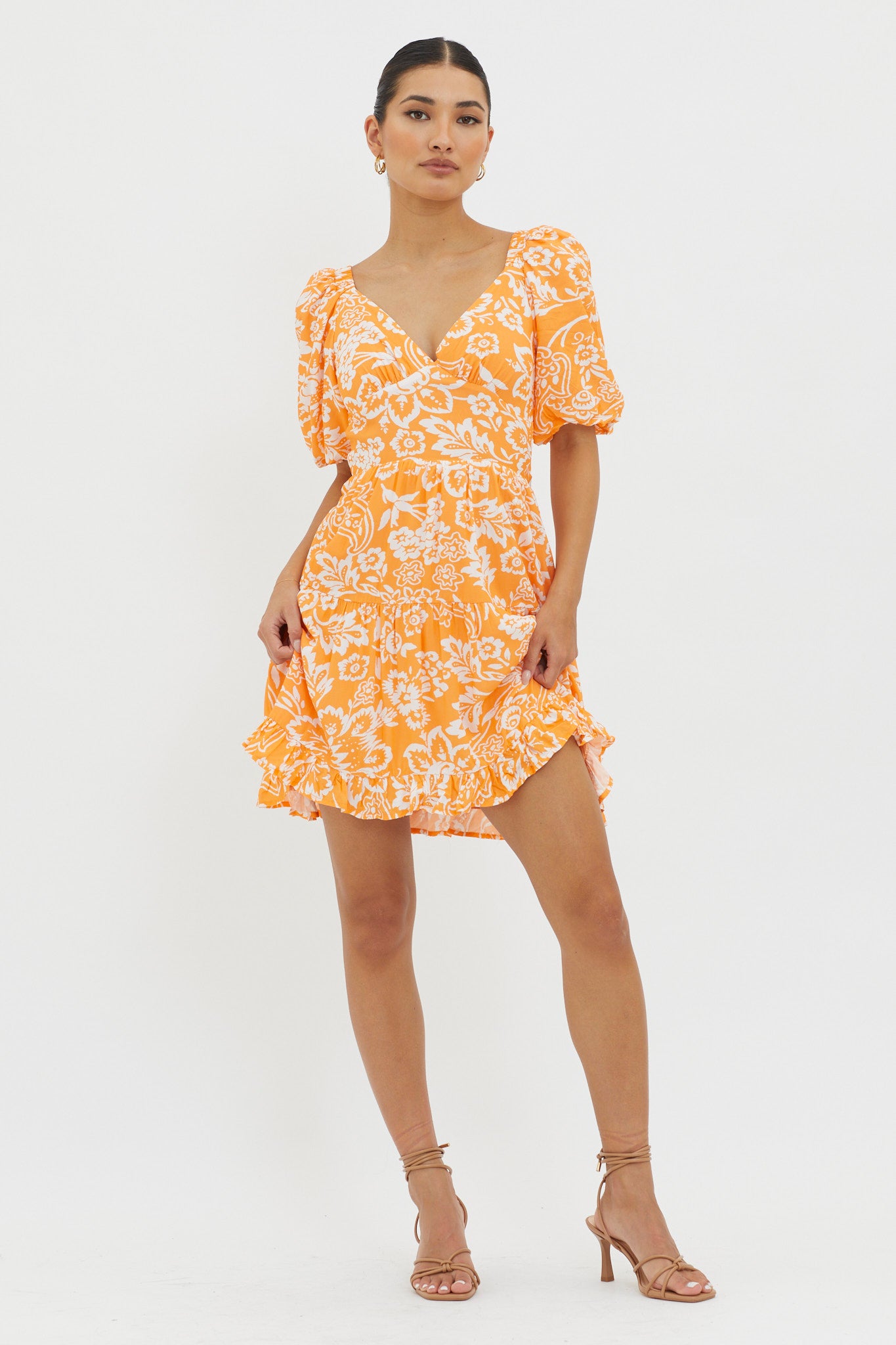 Madrid Summer Tied Back Mini Dress Print Orange by Selfie Leslie