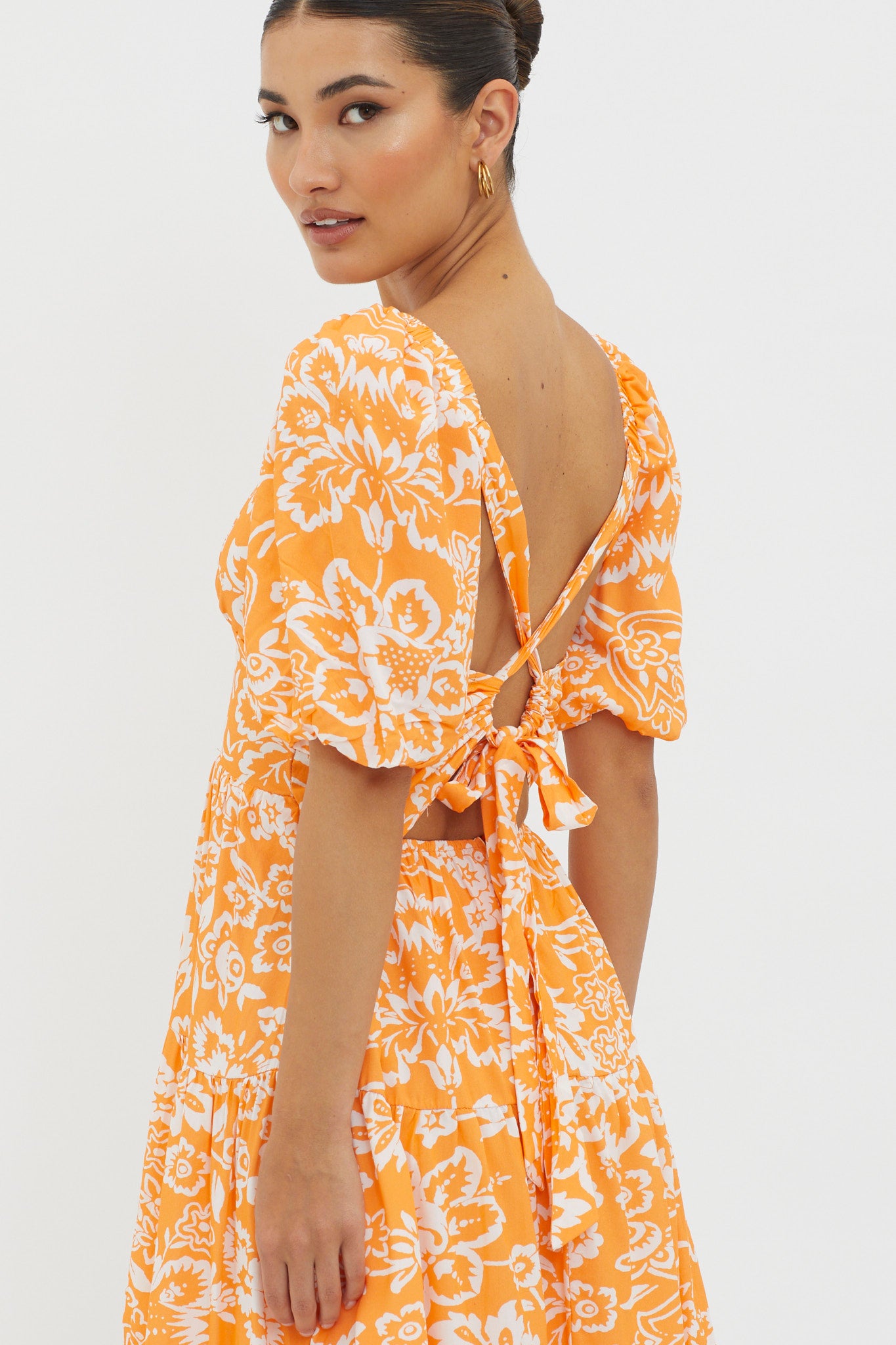 Madrid Summer Tied Back Mini Dress Print Orange by Selfie Leslie