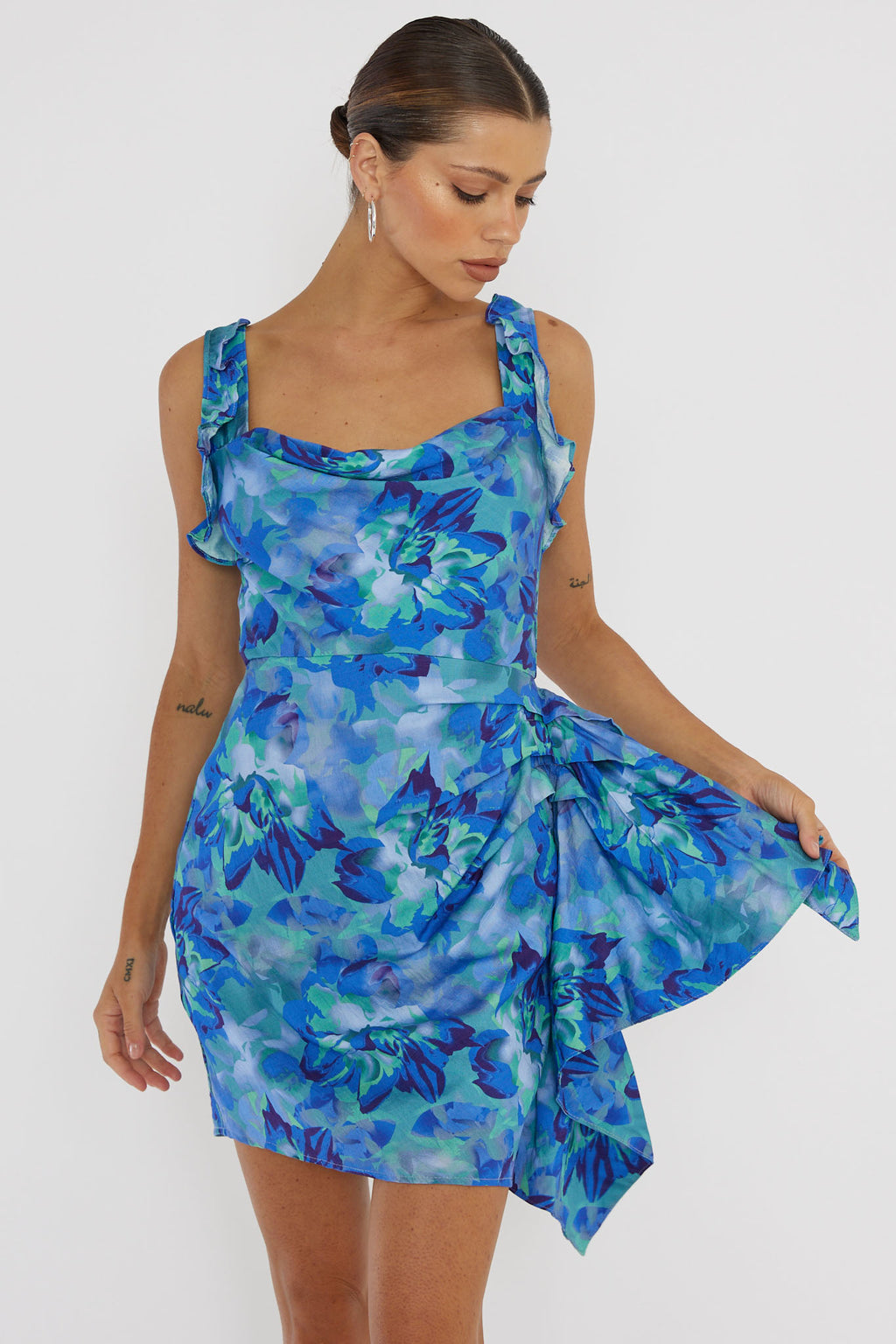 Heart Beat Ruffle Trim Mini Dress Blue by Selfie Leslie