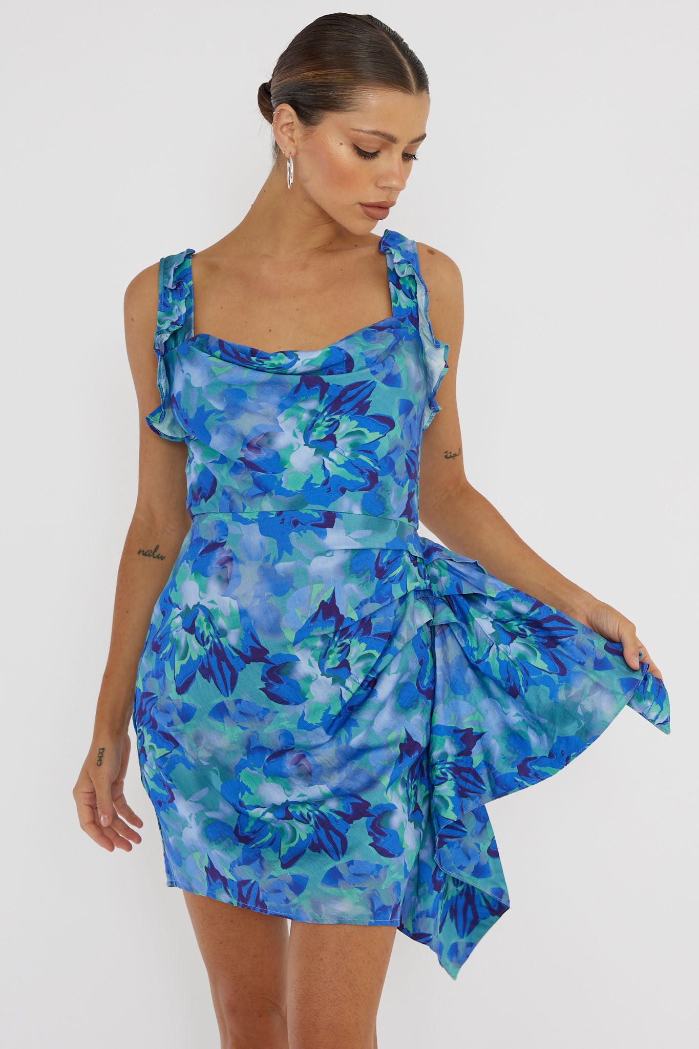 Heart Beat Ruffle Trim Mini Dress Blue by Selfie Leslie