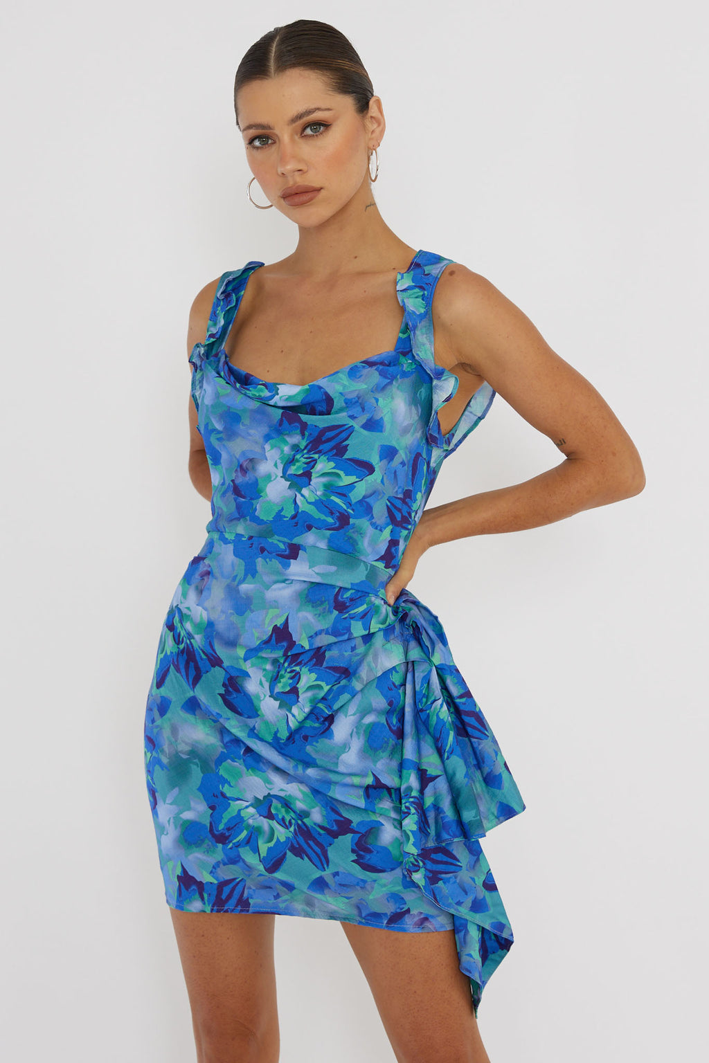 Heart Beat Ruffle Trim Mini Dress Blue by Selfie Leslie