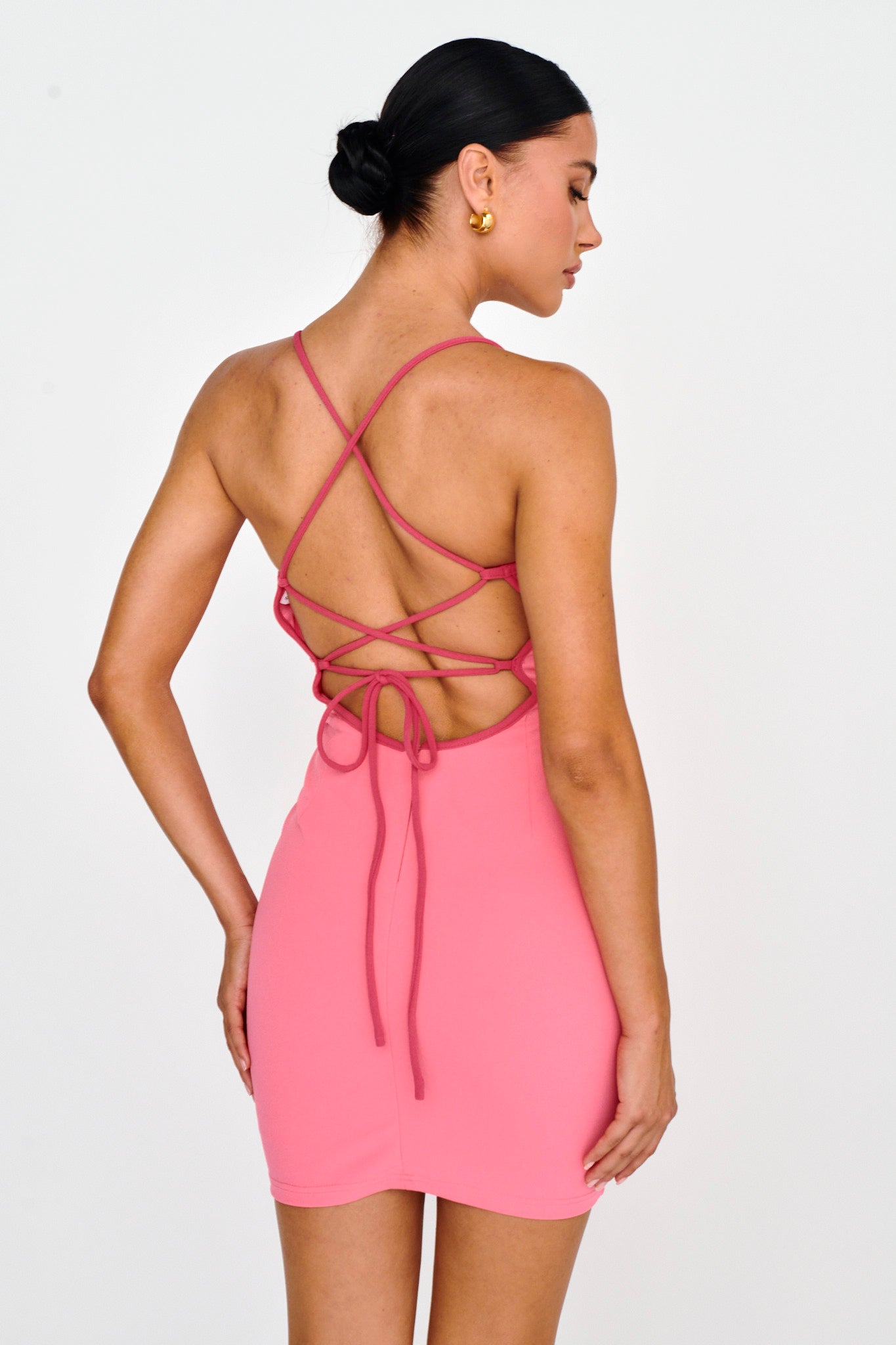 Future Awaits Lace-Up Back Mini Dress Hot Pink by Selfie Leslie