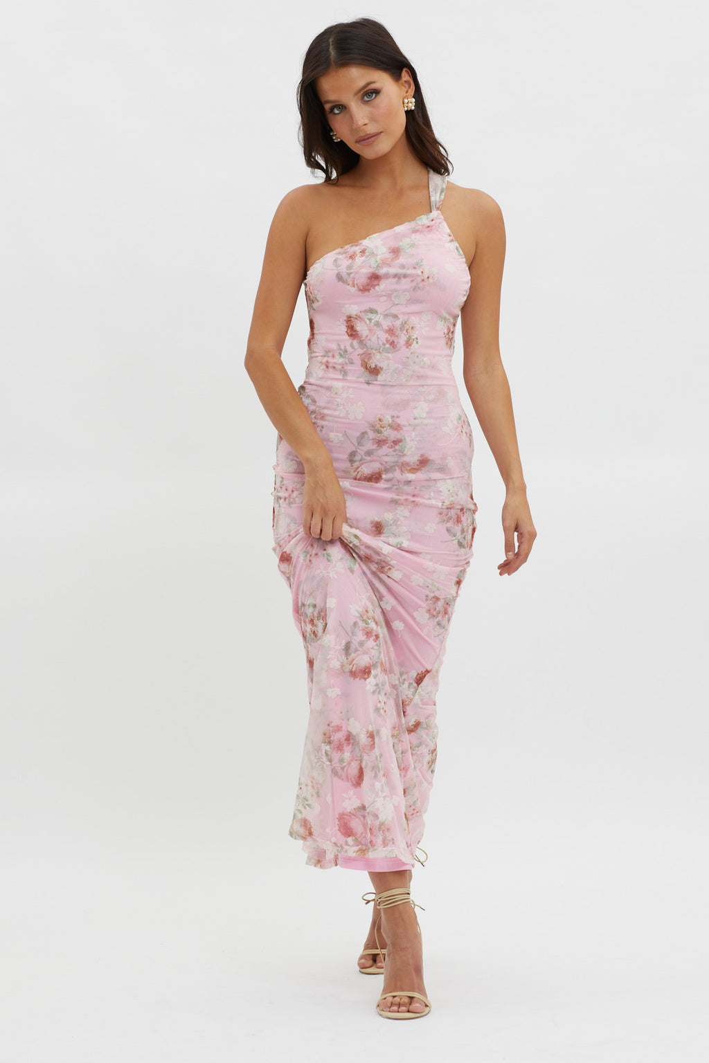 Tatum One-Shoulder Mesh Maxi Dress Pink by Selfie Leslie