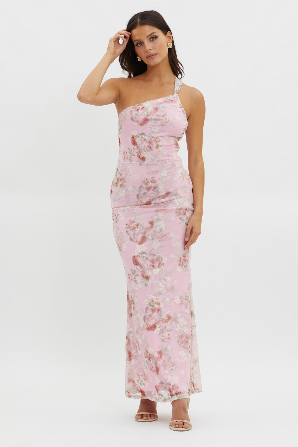Tatum One-Shoulder Mesh Maxi Dress Pink by Selfie Leslie