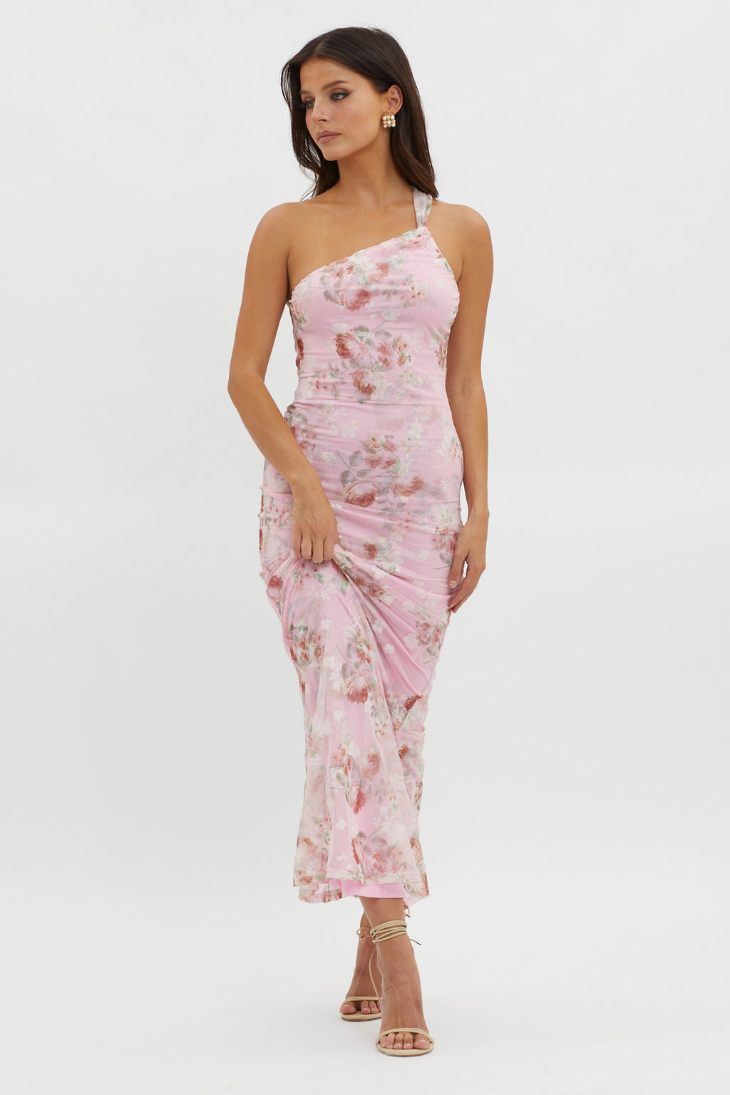 Tatum One-Shoulder Mesh Maxi Dress Pink by Selfie Leslie