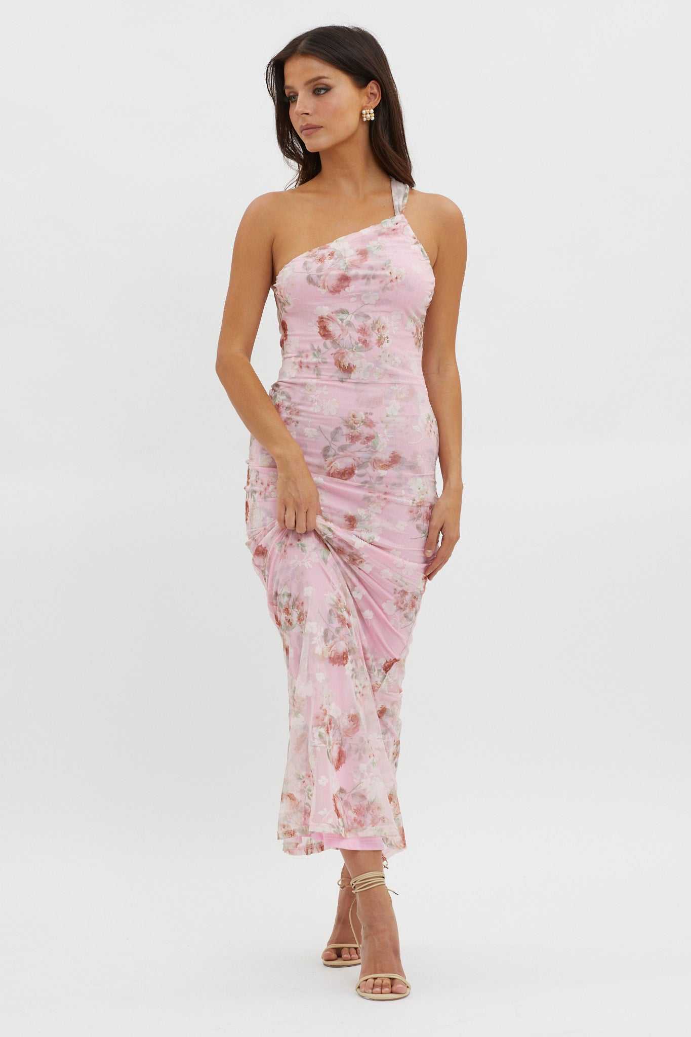 Tatum One-Shoulder Mesh Maxi Dress Pink by Selfie Leslie