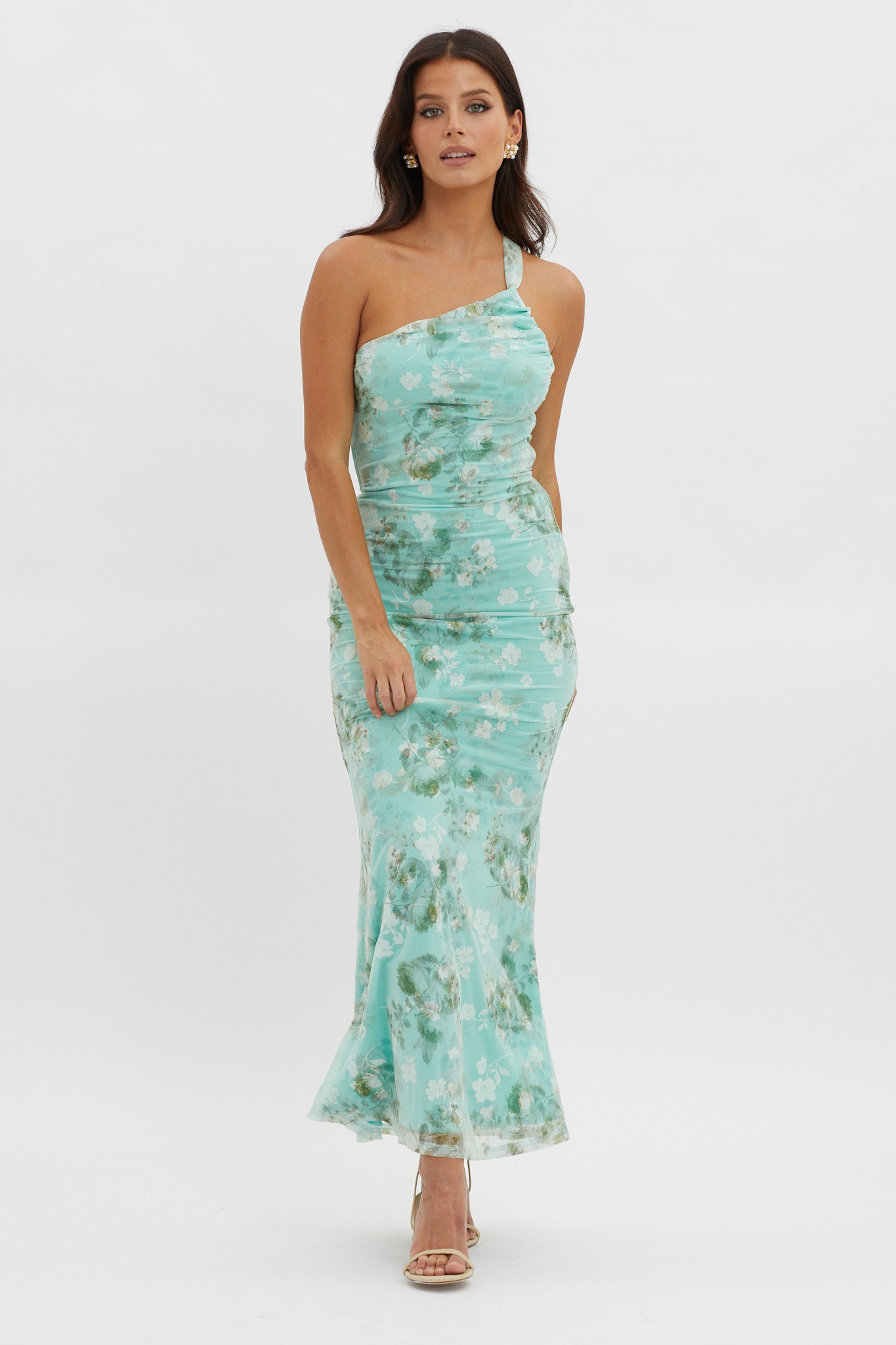 Tatum One-Shoulder Mesh Maxi Dress Sage by Selfie Leslie