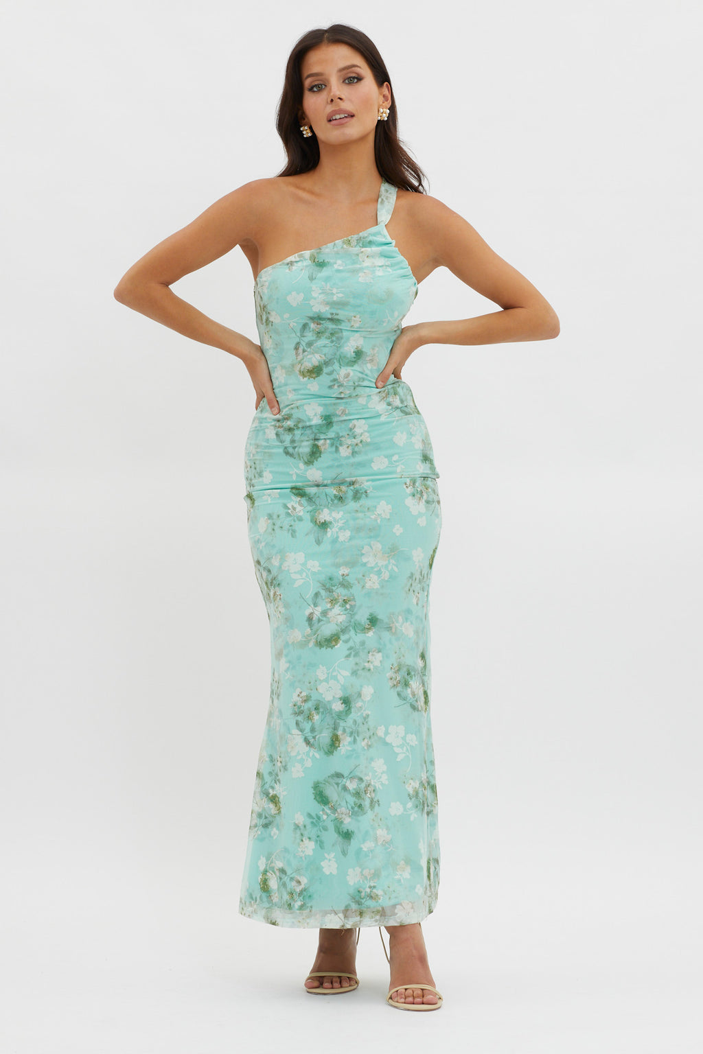 Tatum One-Shoulder Mesh Maxi Dress Sage by Selfie Leslie