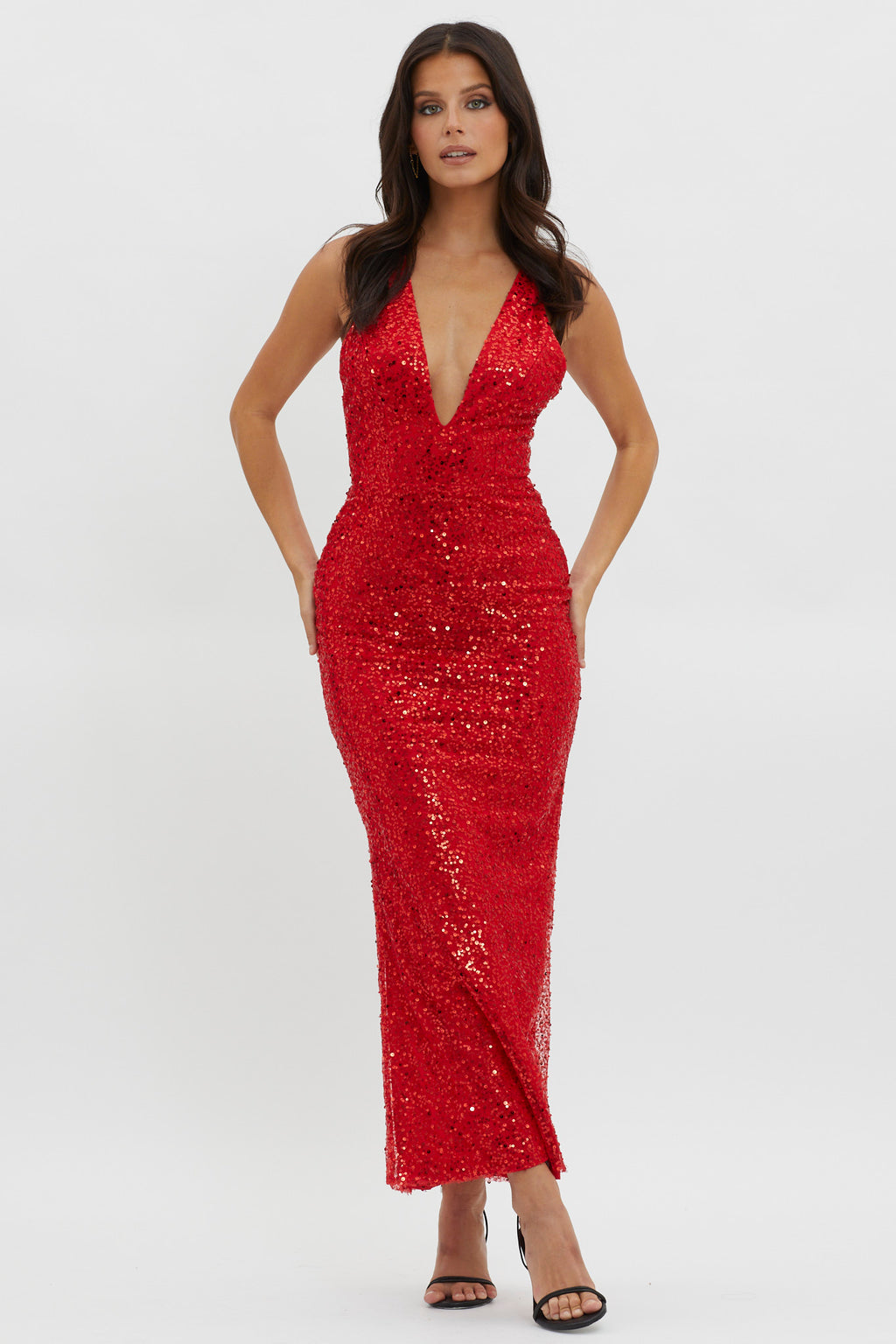 Glitter Nights Plunging Neckline Sequin Dress Red by Selfie Leslie