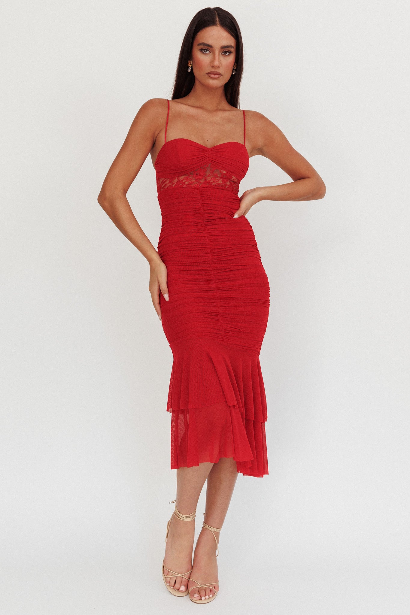 Cherubim Lace Insert Ruched Midi Dress Red by Selfie Leslie