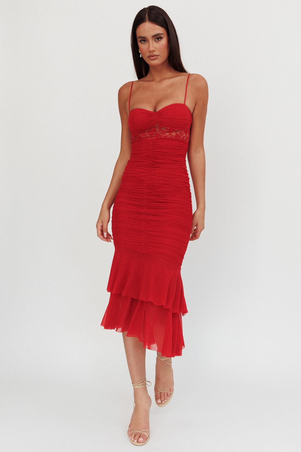 Cherubim Lace Insert Ruched Midi Dress Red by Selfie Leslie