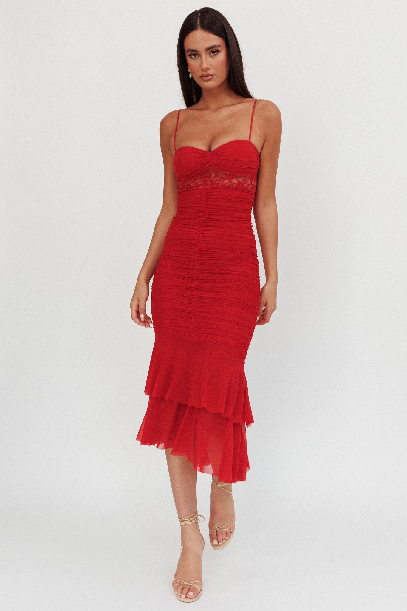 Cherubim Lace Insert Ruched Midi Dress Red by Selfie Leslie
