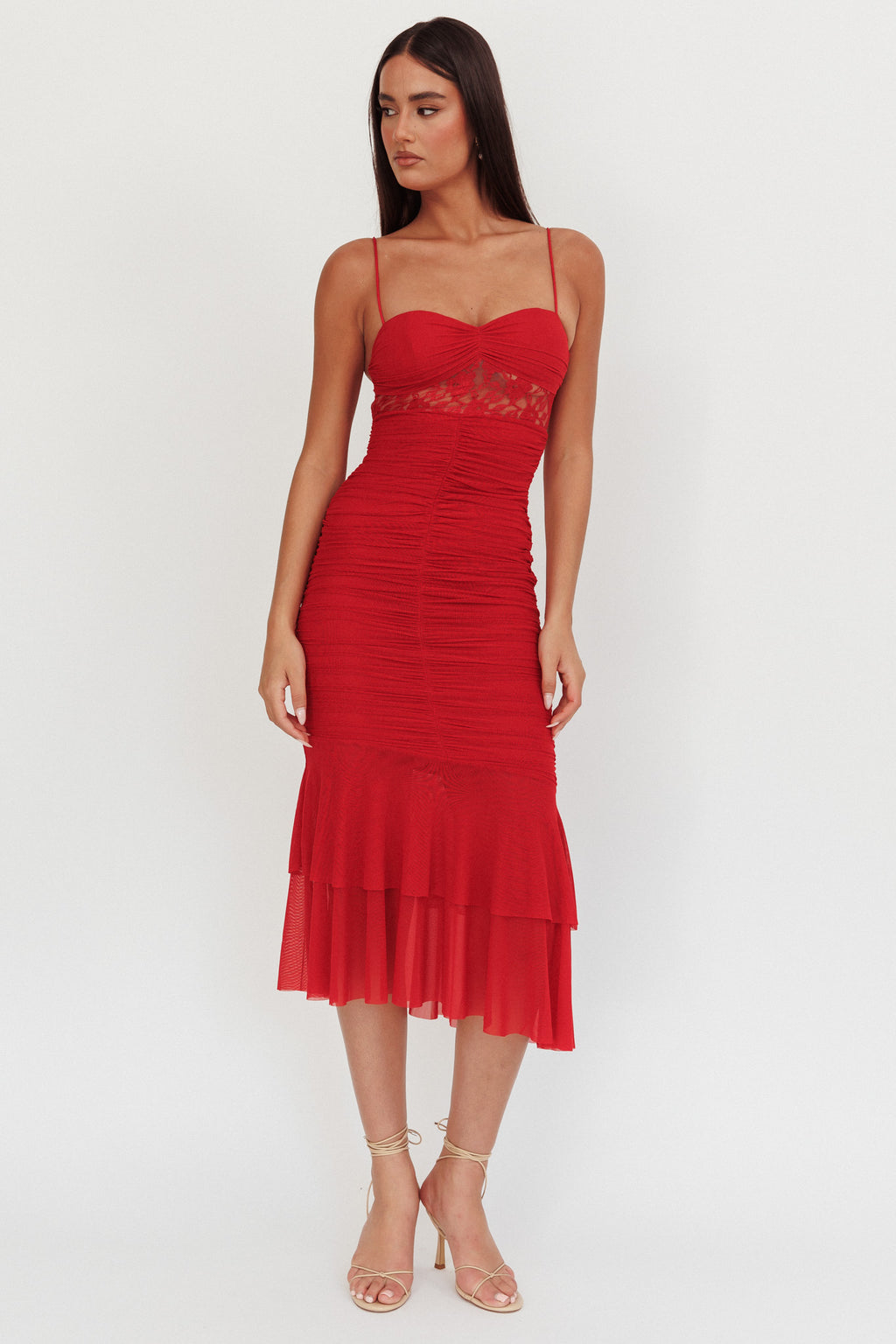 Cherubim Lace Insert Ruched Midi Dress Red by Selfie Leslie