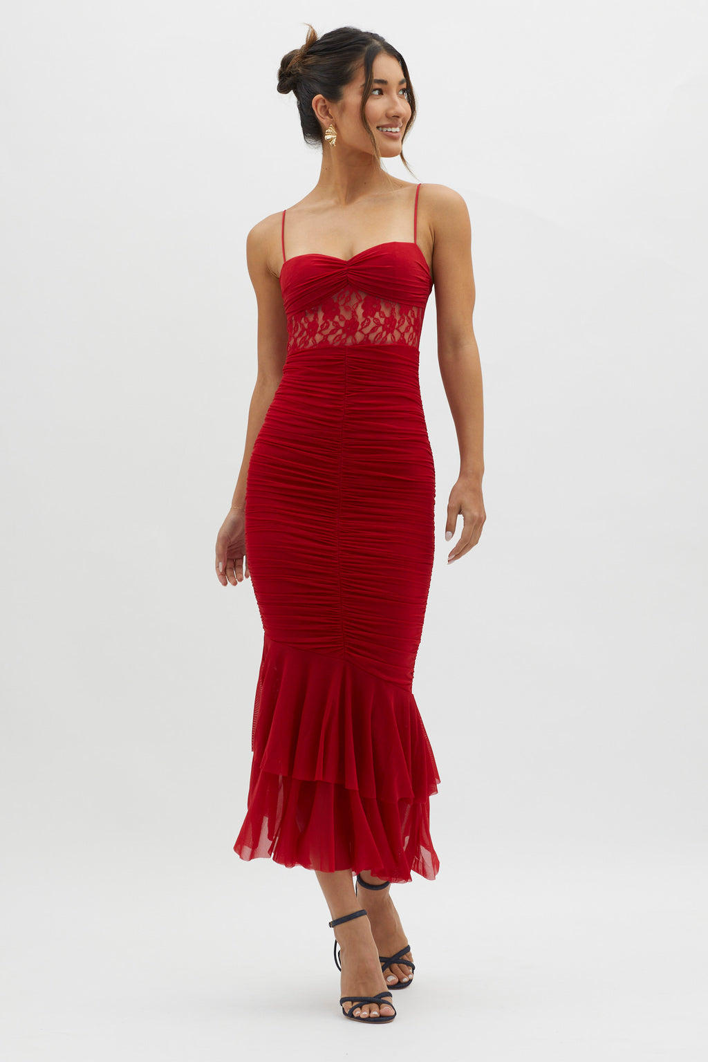 Cherubim Lace Insert Ruched Midi Dress Red by Selfie Leslie