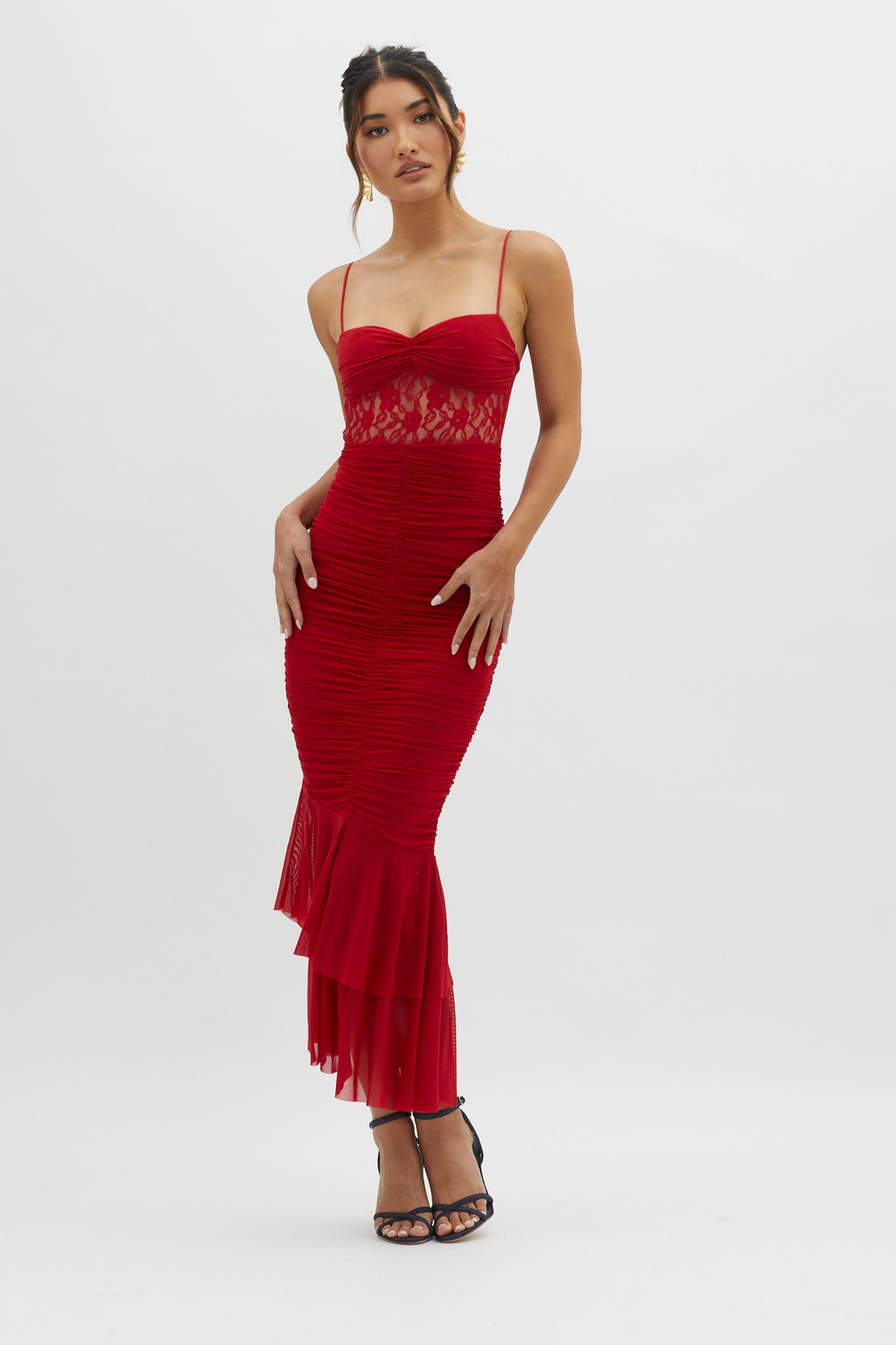 Cherubim Lace Insert Ruched Midi Dress Red by Selfie Leslie