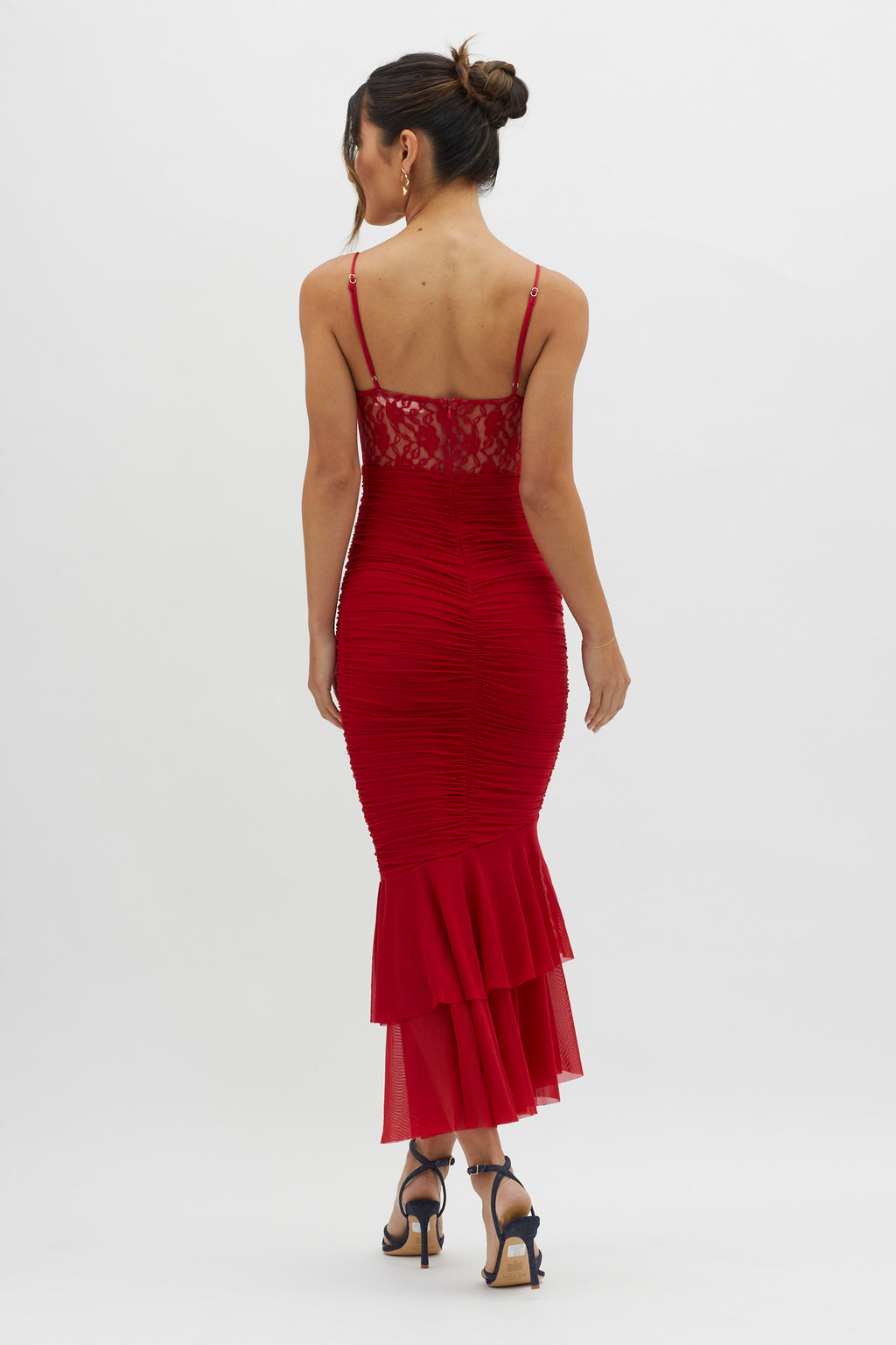 Cherubim Lace Insert Ruched Midi Dress Red by Selfie Leslie