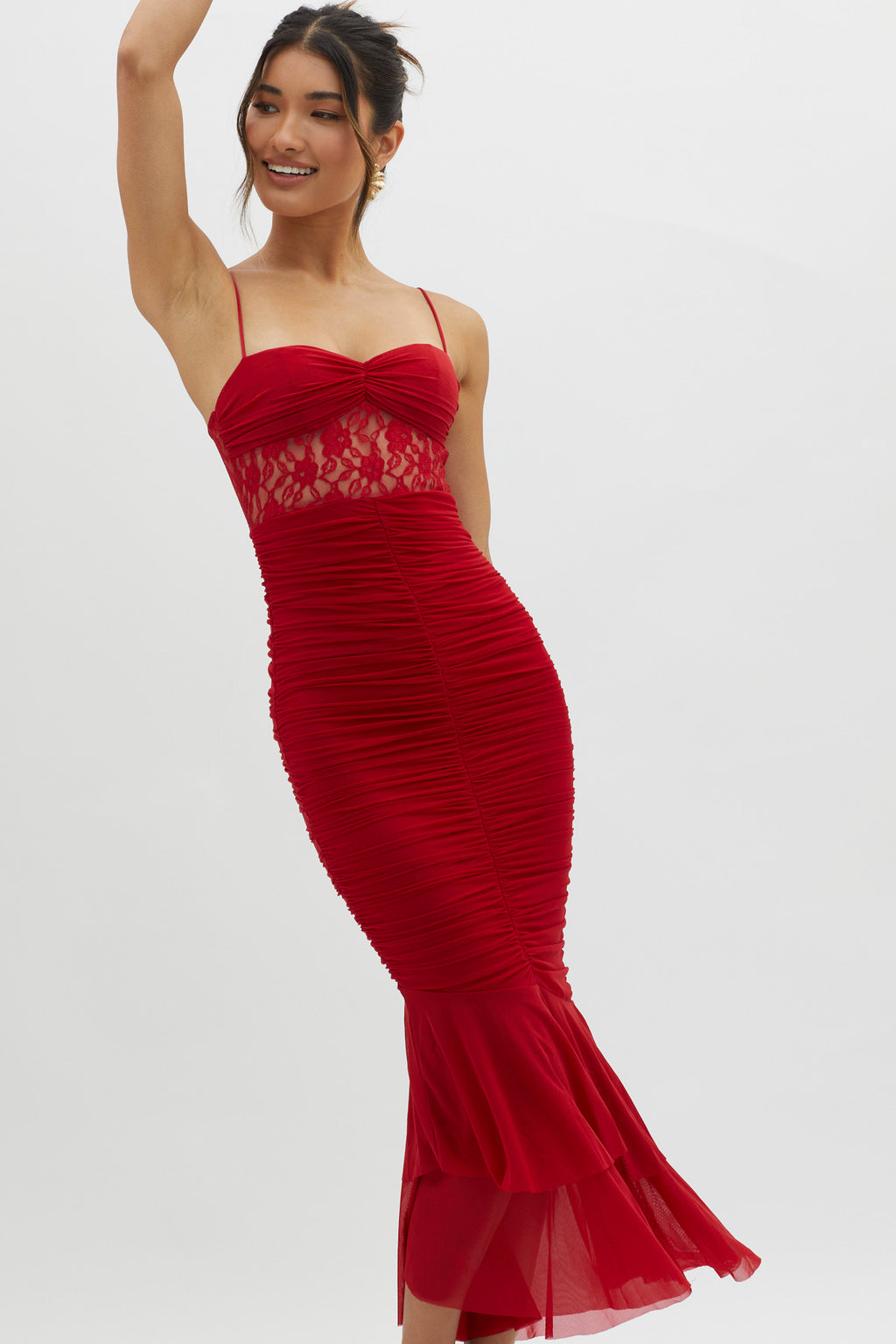 Cherubim Lace Insert Ruched Midi Dress Red by Selfie Leslie