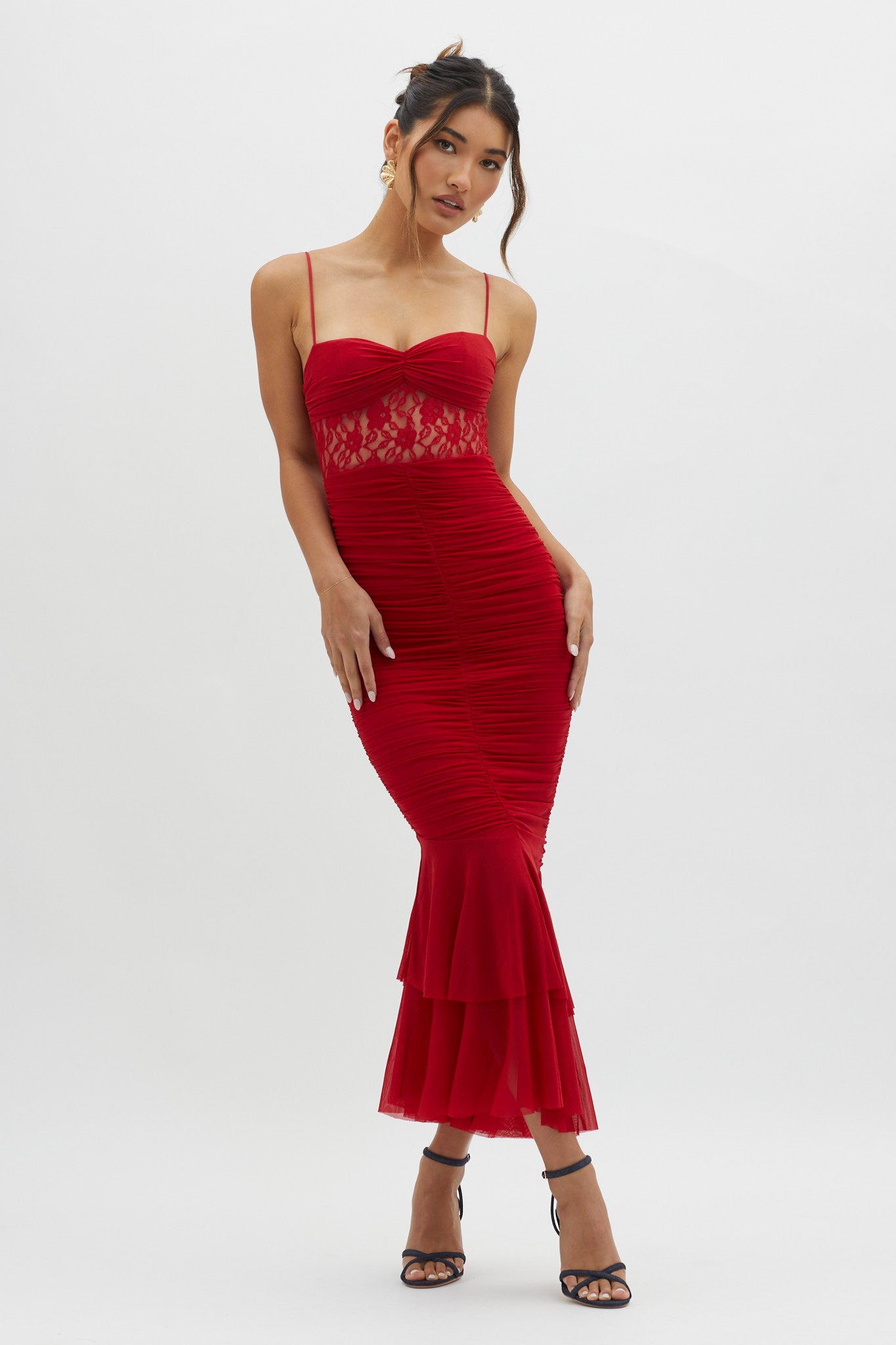 Cherubim Lace Insert Ruched Midi Dress Red by Selfie Leslie