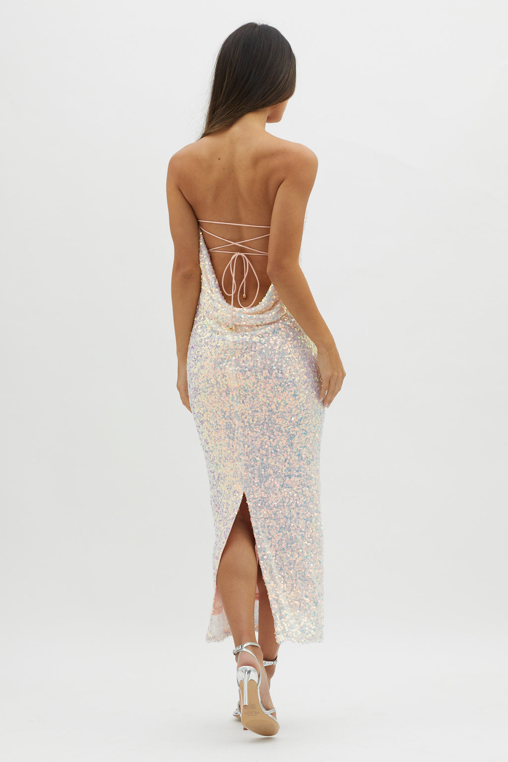 C'est Moi Sequin Laced Back Dress Pink by Selfie Leslie
