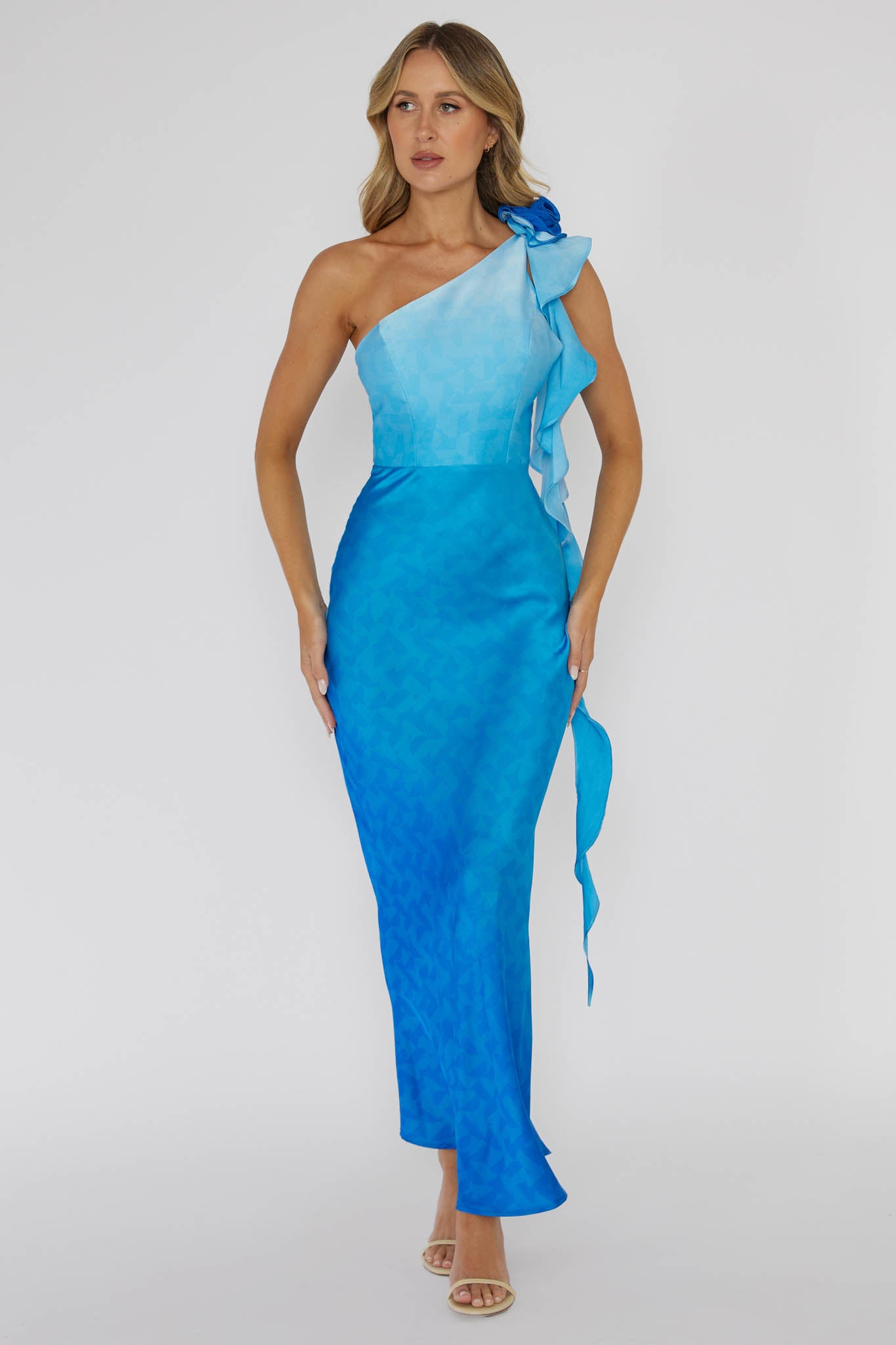 Mariyan One Shoulder Rose Maxi Dress Blue by Selfie Leslie