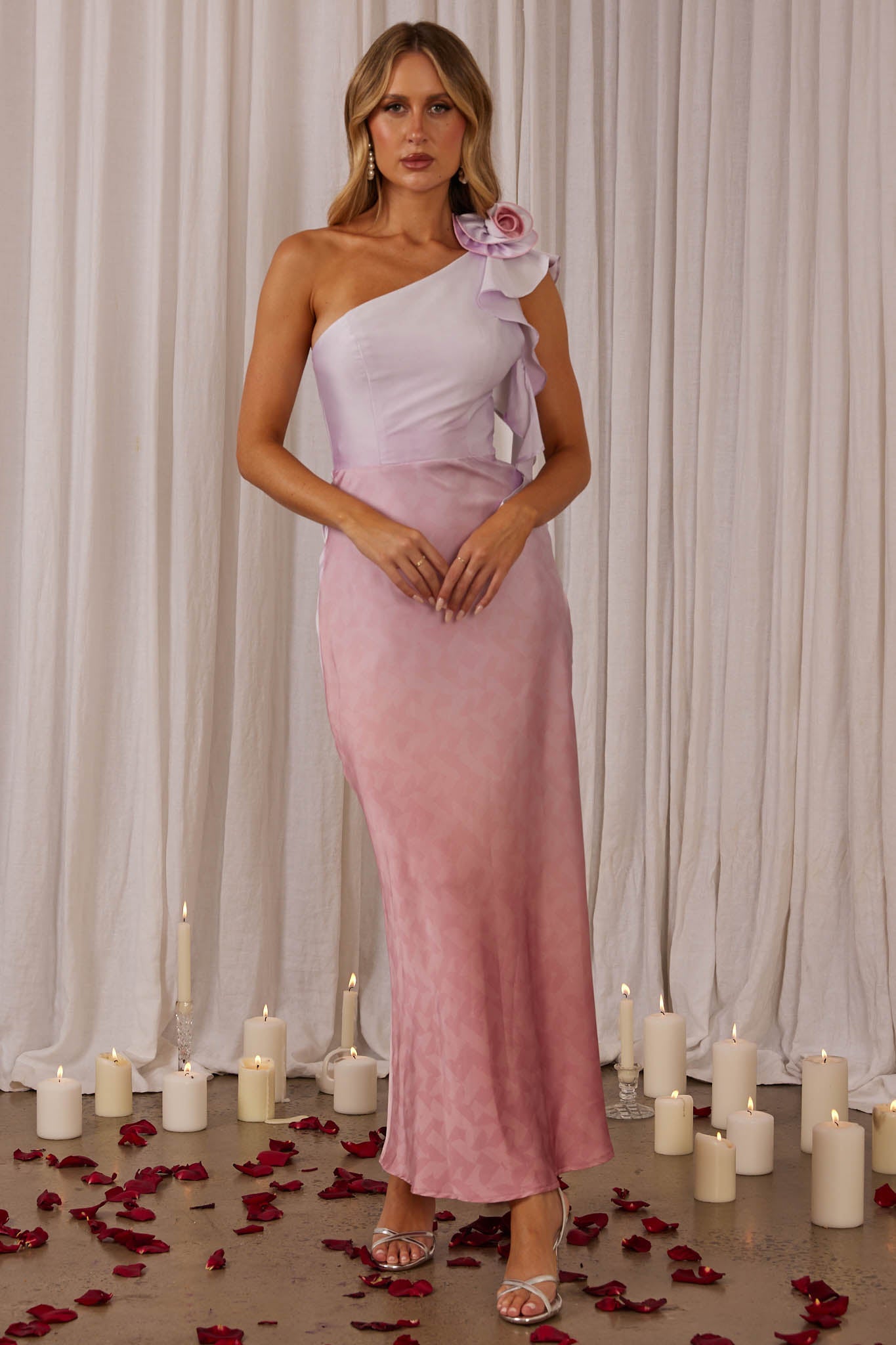 Mariyan One Shoulder Rose Maxi Dress Pink by Selfie Leslie