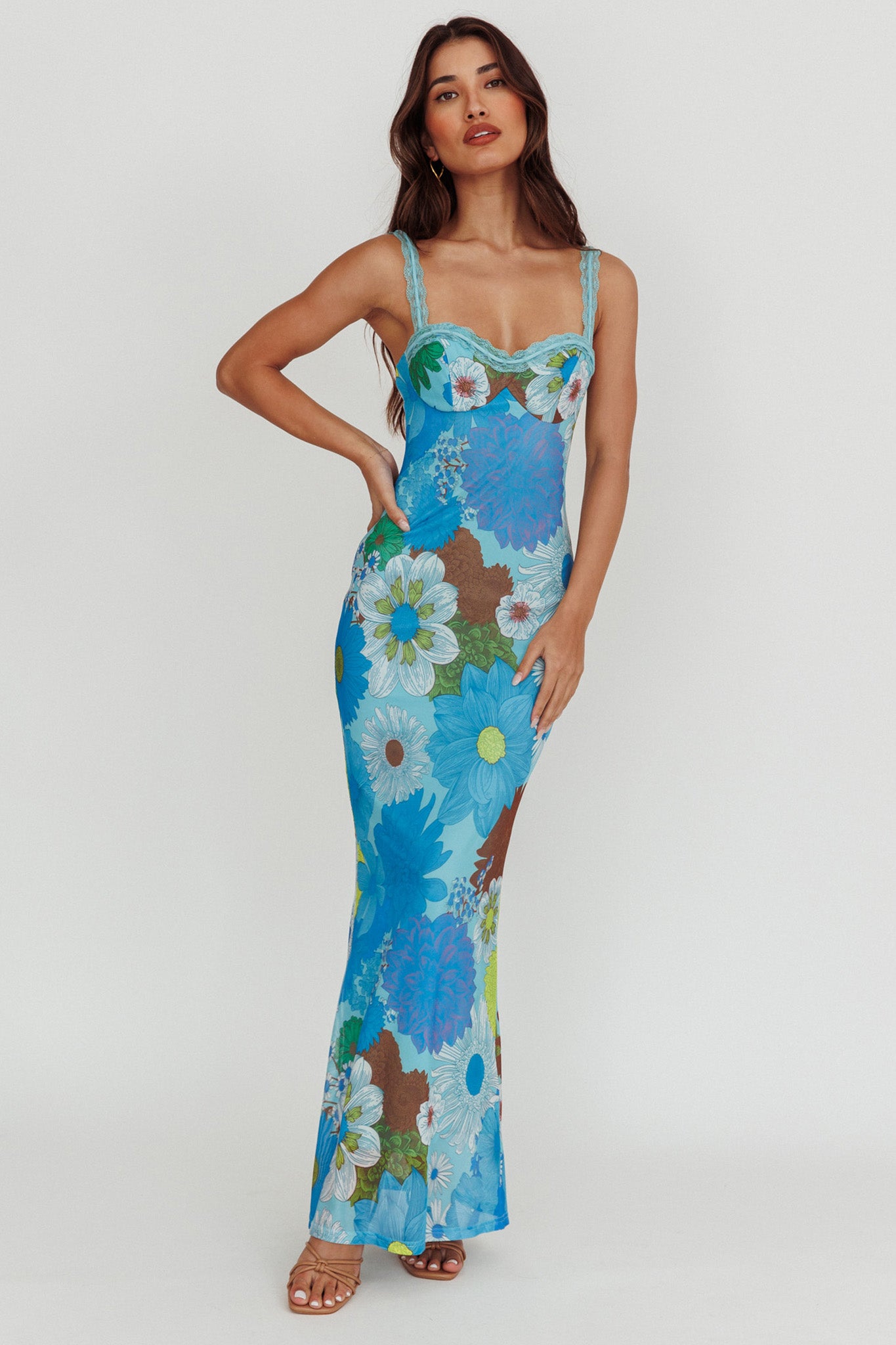 conix cover girl BLUE シルクスクリーン Shop the Girl Power Lace Strap Maxi Dress Blue