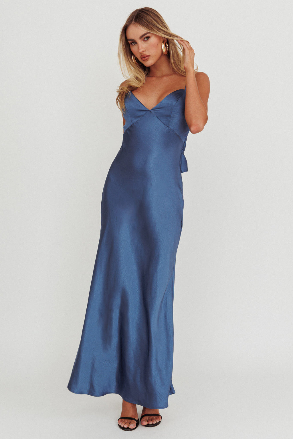 Ciao, Bella Tied Back Satin Maxi Dress Midnight Blue by Selfie Leslie