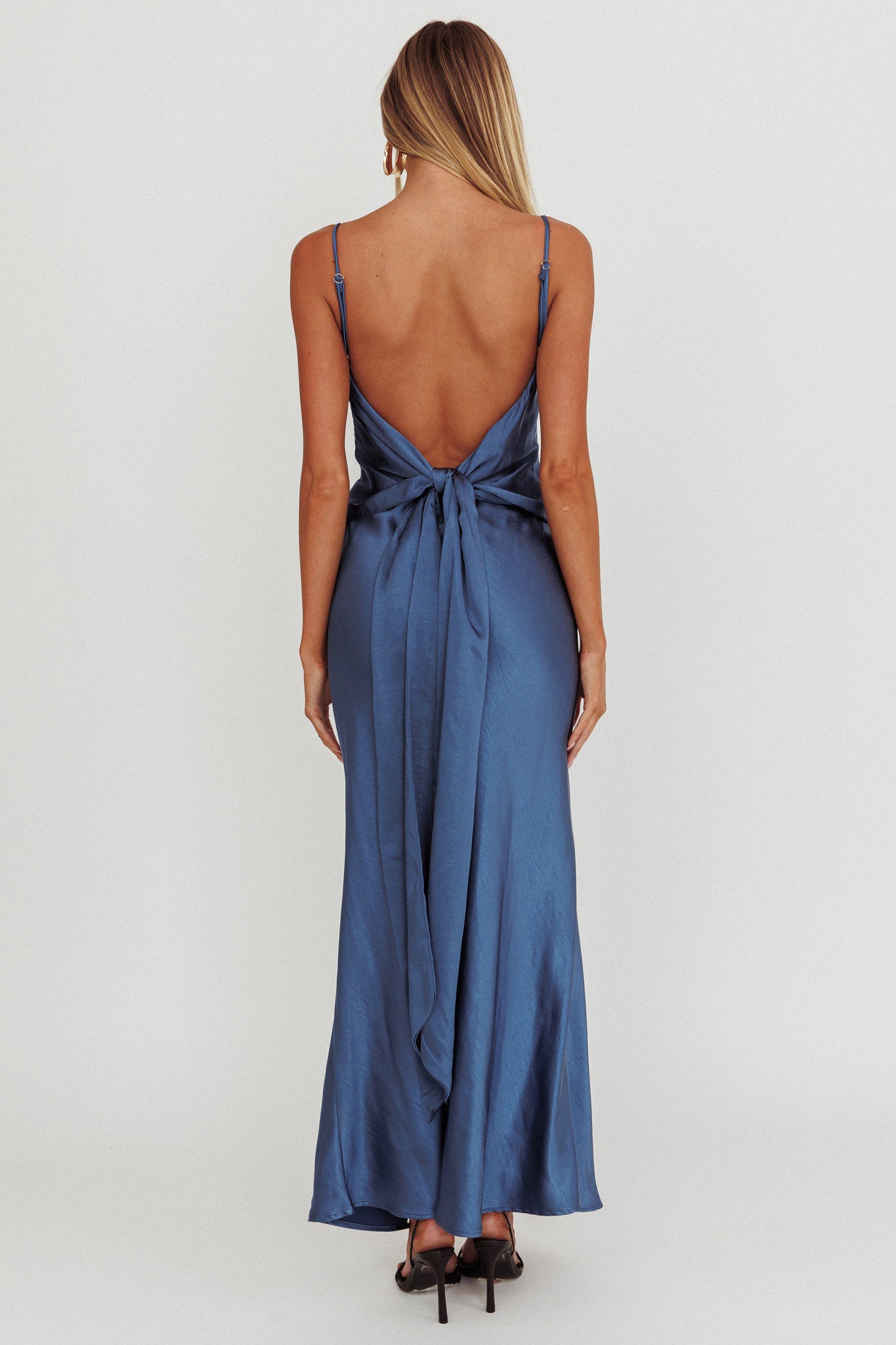 Ciao, Bella Tied Back Satin Maxi Dress Midnight Blue Selfie Leslie Ciao, Bella Tied Back Satin Maxi Dress Midnight Blue Selfie Leslie